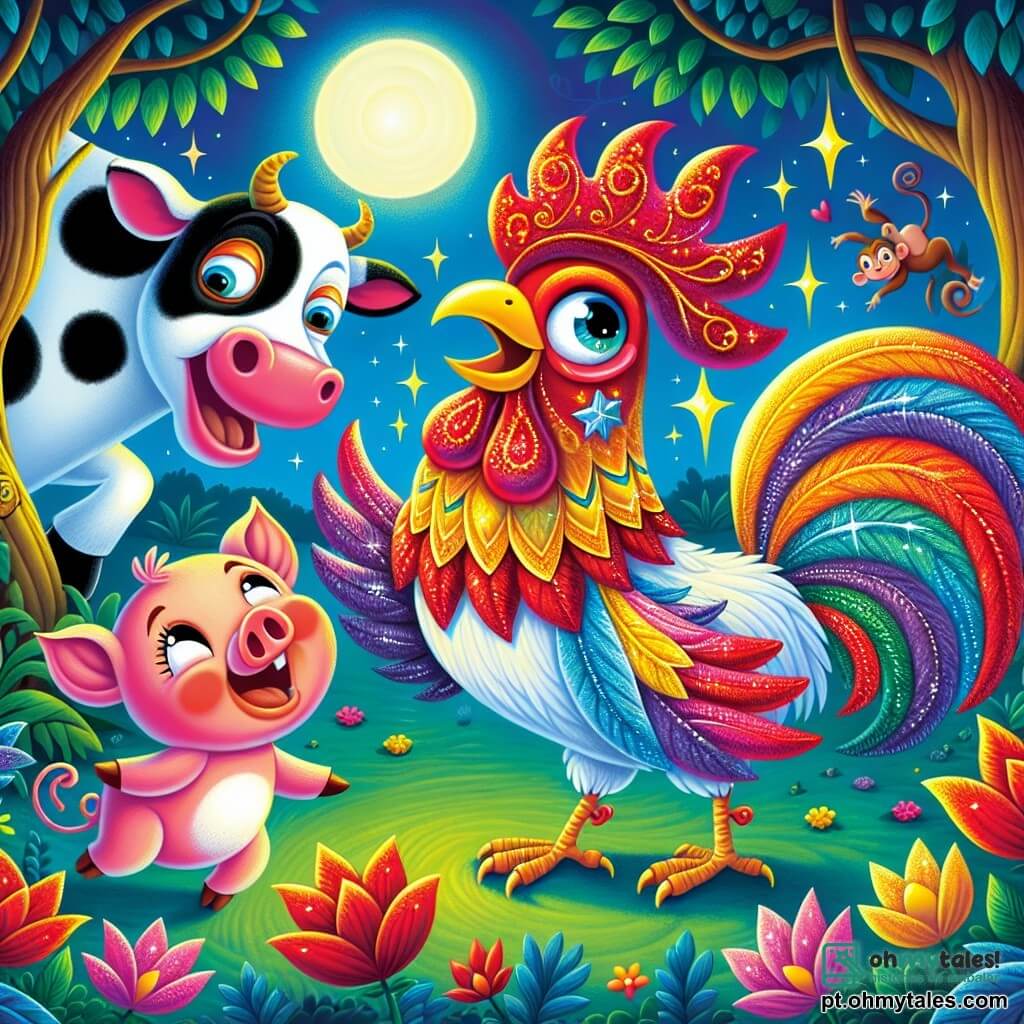 Um galo colorido, com penas brilhantes de vermelho e ouro, está no centro da cena, com os olhos brilhando de excitação e um grande sorriso no bico, dançando e cantando alegremente. Ao seu lado, uma vaca doce e risonha, com pelagem preta e branca, observa Caco com admiração, batendo os cascos no ritmo da música. Um porquinho rosa, com bochechas redondas e olhar travesso, está um pouco atrás, rindo e gesticulando com entusiasmo, pronto para se juntar à dança. A cena se passa em uma clareira encantada, iluminada pela luz da lua, cercada por árvores majestosas com folhas cintilantes e flores coloridas que dançam suavemente ao vento. Ao fundo, um grupo de macacos travessos observa a cena, prontos para se juntar à festa. Caco, o galo, improvisa uma canção engraçada sobre os macacos enquanto dança, transformando uma competição de talentos em uma alegre festa cheia de risos e camaradagem, onde todos os animais se divertem juntos sob o céu estrelado.
