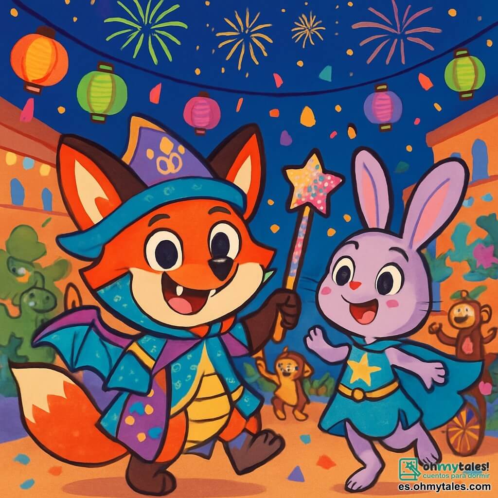 Zorrito Rojo, un pequeño zorro con un pelaje brillante de rojo y una cola juguetona, lleva un disfraz de dragón pirata mago, resplandeciente de mil colores. Tiene ojos chispeantes de alegría y una amplia sonrisa, sosteniendo una varita de cartón decorada con purpurina. A su lado, Lila la liebre, una adorable conejita de grandes orejas y pelaje suave como terciopelo, baila alegremente, su disfraz de heroína brillando bajo las luces. El escenario es una calle animada de Brillaflor, llena de faroles coloridos flotando en el aire, confeti revoloteando y carros decorados con flores y guirnaldas. Animales de todo tipo bailan y ríen, creando un ambiente festivo y alegre. La situación principal muestra a Zorrito y Lila en el corazón del carnaval, rodeados de música y risas, listos para participar en el gran desfile, con fuegos artificiales iluminando el cielo estrellado sobre ellos.