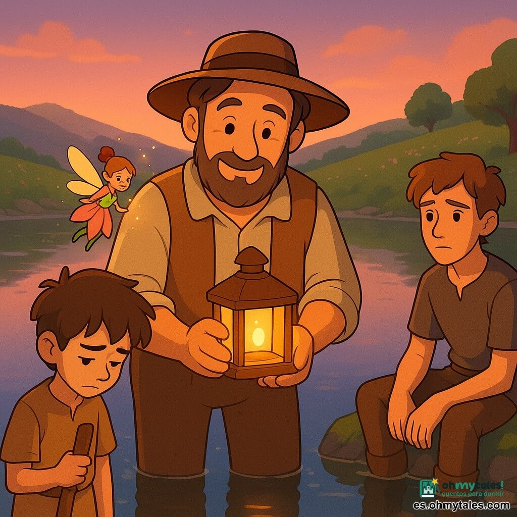 Un hombre llamado Aureliano, de rostro dulce, ojos curiosos y manos callosas, sonríe con emoción apacible sosteniendo un pequeño farol de madera que emite luz miel, junto al borde del lago Espejito; una pequeña hada llamada Liria, del tamaño de una palma y vestida con pétalos que cambian de rosa a verde, vuela junto a su hombro derecho con chispas doradas; a la izquierda, Nardo, un adolescente de cabello alborotado y mirada avergonzada, sostiene una batuta de director de coro, inclina la cabeza hacia el agua listo para pedir perdón; a la derecha, Silén, un joven algo mayor con rostro triste pero sereno, sentado en una piedra, mira a Nardo con disposición a perdonar; el lago, como un espejo, refleja rostros y escenas, bordeado de piedras cubiertas de musgo y juncos plateados, con colinas floridas y árboles de hojas nuevas al fondo y un cielo crepuscular coral y violeta; luz suave y cálida con reflejos dorados en el agua y pequeñas partículas brillantes que sugieren la magia del perdón, composición centrada en el triángulo Aureliano–Nardo–Silén, atmósfera tranquila, tierna y esperanzadora.