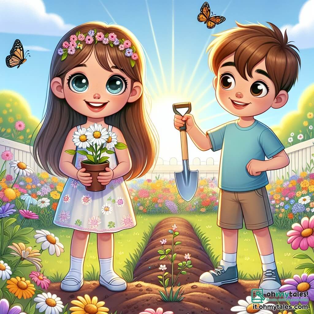 Una bambina di 8 anni, Elena, con lunghi capelli castani e occhi scintillanti di gioia, si trova al centro di un giardino scolastico colorato, circondata da fiori vivaci. Indossa un vestito leggero a fiori e sorride ampiamente, tenendo in mano una piccola piantina di margherite bianche, pronta per essere piantata. Accanto a lei, suo fratello maggiore, Luca, di 10 anni, con capelli castani e un sorriso complice, la incoraggia tenendo una piccola pala. Indossa una maglietta blu e pantaloni corti, e si piega leggermente verso Elena, mostrando il suo entusiasmo per il giardinaggio. Il giardino è un luogo soleggiato, pieno di fiori di tutti i colori, con file di piante appena piantate e un cielo blu chiaro sullo sfondo. Farfalle svolazzano intorno ai fiori, aggiungendo un tocco di magia alla scena. La situazione principale mostra Elena e Luca che lavorano insieme per piantare fiori nel giardino, simboleggiando lo spirito di cooperazione e gioia che la stagione primaverile porta.