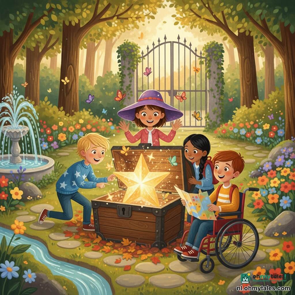Vier kinderen: Lila, ~7 jaar, kort bruin haar, grote paarse hoed, staat midden achter een oud houten kistje met opgeheven handen vol verwondering; Max, ~7 jaar, warrig blond haar, blauwe trui met witte sterren, links van Lila wijzend naar de kist; Noor, ~7 jaar, zwart haar in een vlecht, rode rugzak, rechts van Lila knielend met een deels opgevouwen gekleurde kaart; Sam, ~7 jaar, kastanjebruin haar, glimlachend, zit in een rode rolstoel vooraan rechts en heeft één hand op de rand van de kist alsof hij hem opent. Locatie: een kleine verborgen tuinklaarling omgeven door groene en gouden bladeren, een oude ijzeren deur met klimop achteraan, rijtjes felgekleurde bloemen, links een fontein die licht spettert, een lichtblauw kronkelend beekje en met mos bedekte stenen. Hoofdmoment: de vrienden hebben net het houten kistje geopend, een grote gouden ster komt eruit met vonkjes en kleurrijke vlinders, warme zonlichtstralen filteren door de bomen, verzadigde kleuren en zichtbare penseelstreken alsof het een kinderlijke acrylschildering is.