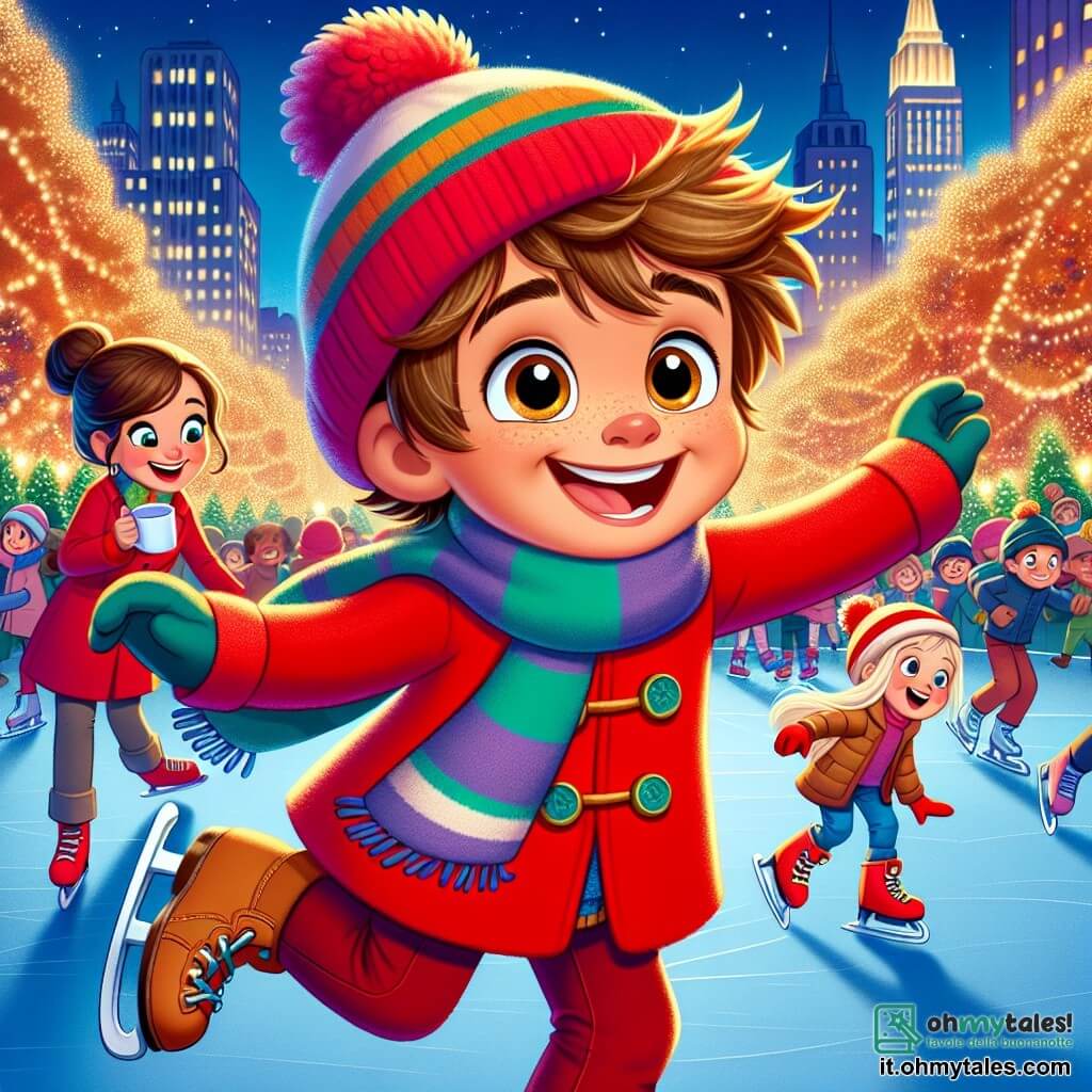 Un ragazzo di 7 anni, Leo, con i capelli castani in disordine e occhi brillanti di curiosità, pattina felicemente su una pista di ghiaccio. Indossa un cappotto rosso vivo, un berretto con pompon e una sciarpa a righe colorate, e il suo viso è illuminato da un ampio sorriso di eccitazione. Vicino a lui, sua madre, una donna di trent'anni con i capelli castani raccolti in uno chignon e un sorriso caloroso, lo incoraggia con una tazza di cioccolata calda in mano, mentre si tiene sul bordo della pista. Il contesto è un parco centrale della città di Lumilanda, decorato con luci scintillanti sugli alberi e un grande albero di Natale illuminato al centro, creando un'atmosfera festiva e magica. La scena principale mostra Leo che si diverte sul ghiaccio, circondato da risate di bambini e canti di Natale, mentre una piccola stella scintillante, Stella, fluttua gioiosamente sopra di lui, aggiungendo un tocco di magia a questa incantevole scena natalizia.