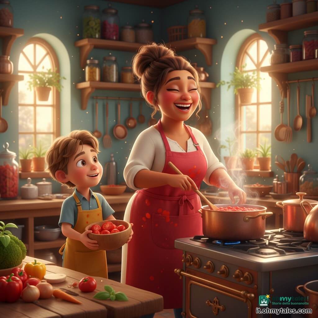 Una chef sorridente dai capelli castani raccolti in uno chignon e con un grembiule rosso macchiato tiene un grande cucchiaio di legno e mescola una pentola di salsa rosso vivo, il volto luminoso; un ragazzo di circa 7 anni dai capelli castano chiaro con un piccolo grembiule giallo, leggermente a sinistra, osserva meravigliato tenendo una ciotola di pomodori tagliati; cucina magica e colorata con pareti pastello, scaffali in legno con barattoli, utensili lucenti appesi, grandi finestre che lasciano entrare luce calda e vasi di basilico sul davanzale; la scena mostra la preparazione della salsa con vapori profumati, risate, una vecchia cucina in rame e un grande tavolo di legno con verdure fresche; stile visivo a colori saturi, texture morbide e brillanti, forme tonde e accoglienti, illuminazione calda.