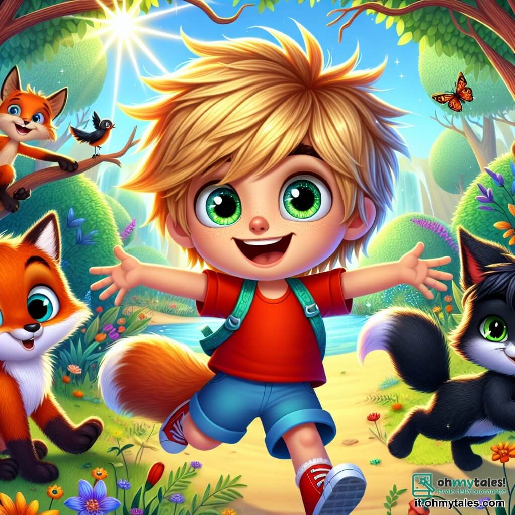Pinocchio, un ragazzino di legno con capelli biondi disordinati e un grande sorriso gioioso, si trova al centro dell'immagine, con le braccia aperte, pronto ad accogliere i suoi amici. I suoi occhi brillanti esprimono una curiosità vivace, e indossa una camicia rossa vivace e pantaloni blu, accentuando il suo aspetto birichino. Alla sua destra, il Gatto, un gatto birichino con pelliccia nera e occhi verdi scintillanti, salta gioiosamente, con le zampe in aria e un'espressione maliziosa. A sinistra, la Volpe, una volpe astuta con pelliccia arancione brillante e una coda folta, guarda Pinocchio con un sorriso complice, come se stesse già pianificando la loro prossima avventura. La scena si svolge nella Grande Foresta delle Idee, un luogo magico dove gli alberi hanno foglie a forma di libri e fiori colorati parlano. Pinocchio e i suoi amici hanno appena completato la loro missione per aiutare animali in difficoltà e celebrano il loro successo ridendo e ballando insieme, circondati dalla bellezza incantata della foresta.