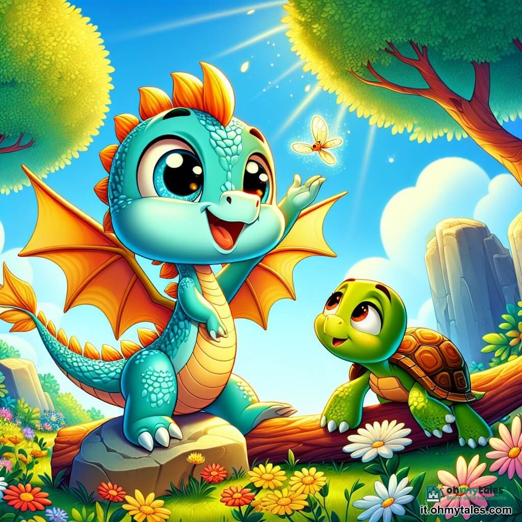 Un piccolo drago luminoso, chiamato Lume, con squame scintillanti come stelle, vola gioiosamente in un cielo azzurro. Il suo volto esprime curiosità e gioia, con i grandi occhi che brillano di eccitazione mentre esplora il mondo intorno a lui. Accanto a lui, una tartaruga di nome Gina, con un guscio verde e occhi dolci, sorride con benevolenza. Si trova su una roccia, osservando Lume con orgoglio, le zampe appoggiate a terra, pronta ad aiutarlo. Lo scenario è un magnifico boschetto verde, pieno di fiori colorati e alberi maestosi, dove la luce del sole filtra tra le foglie, creando ombre danzanti sul terreno. La scena mostra Lume e Gina mentre aiutano un piccolo scoiattolo in difficoltà, sollevando un grosso ramo per liberare il suo cammino. L'atmosfera è piena di calore e amicizia, illustrando l'idea che anche i gesti più piccoli possono portare pace e gioia.