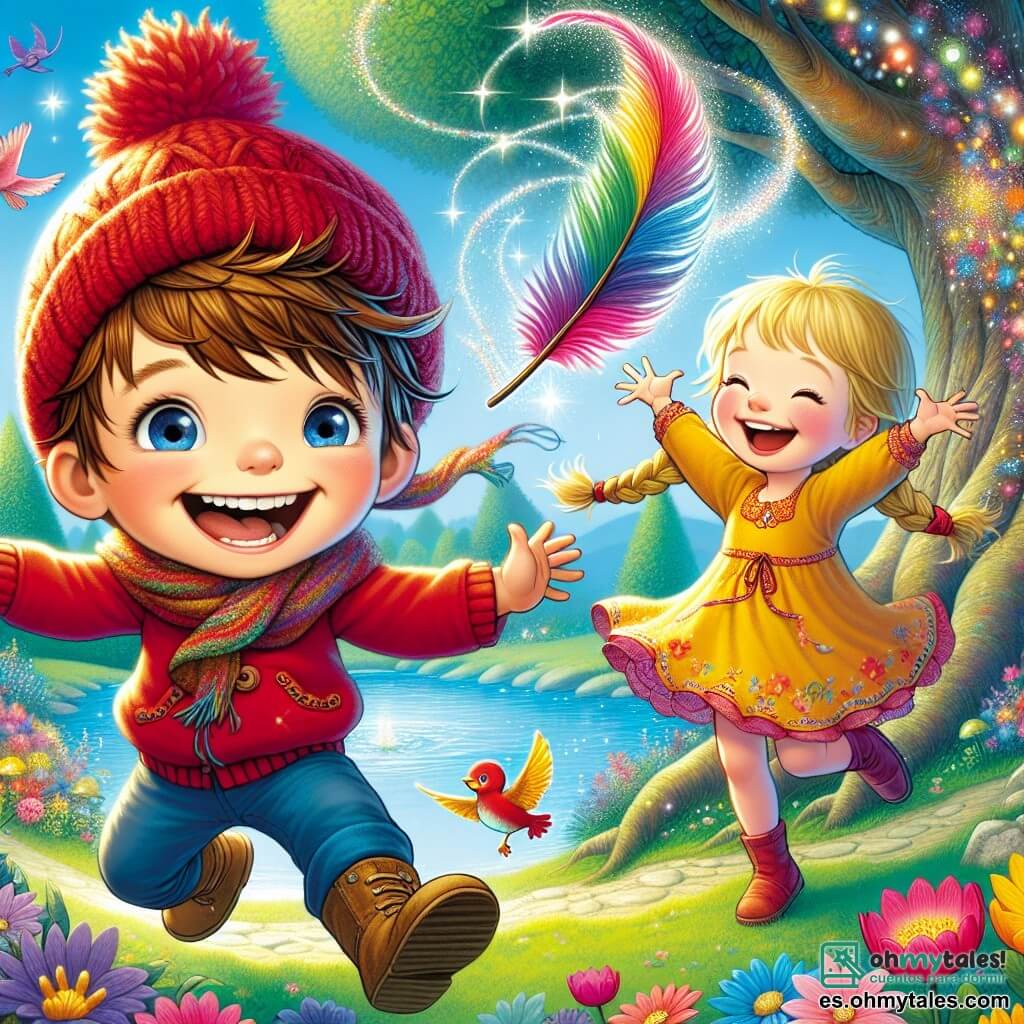 Un niño de 3 años, llamado Nico, con cabello castaño desordenado y una gran sonrisa, lleva un gorro rojo tejido por su abuela. Está saltando de alegría, con los brazos levantados, mientras una pluma mágica de colores brillantes flota a su alrededor. Junto a él, su mejor amiga Lila, una niña de 3 años con cabello rubio y trenzas, lleva un vestido amarillo brillante. Se ríe a carcajadas, con las manos en las caderas, mirando la pluma que vuela alegremente. La escena ocurre en un jardín encantado, lleno de flores multicolores que parecen bailar al ritmo de una música invisible, con un gran árbol majestuoso al fondo y un estanque brillante donde nadan patos. La situación principal muestra a Nico y Lila persiguiendo la pluma mágica que deja atrás una nube de brillantina, mientras una flor a su lado comienza a bailar, añadiendo un toque de magia y alegría a la escena.