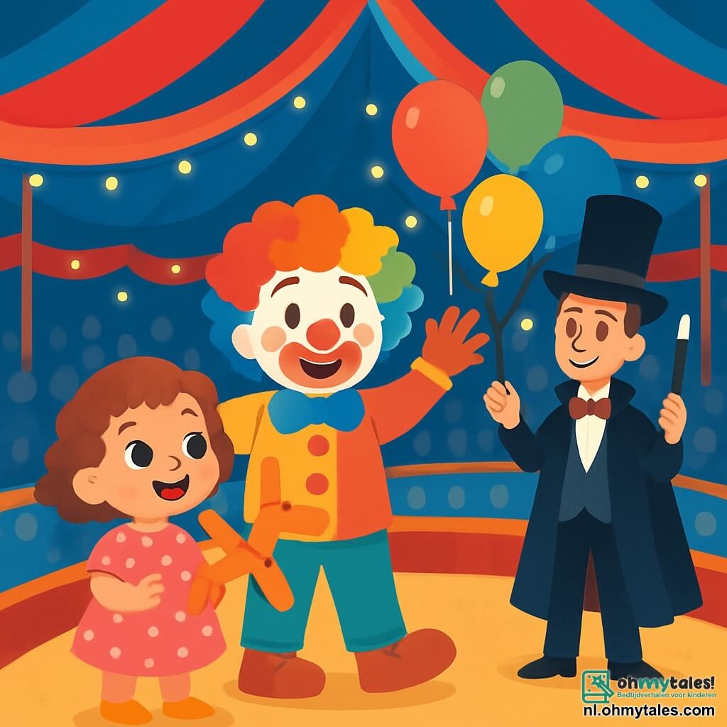 Een 2-jarig meisje, Lila, met grote glanzende ogen en krullend haar, glimlacht verwonderd terwijl ze een hondvormige ballon vasthoudt. Ze draagt een roze jurk met stippen en gele schoenen. Naast haar staat een blije clown van ongeveer 30 jaar, met een wit geschilderd gezicht, een rode neus en een grote kleurrijke pruik, die grappige gebaren maakt terwijl hij met kleurrijke ballonnen staat. Een tovenaar van ongeveer 40 jaar, met een lange zwarte cape en een hoge hoed, staat iets verderop en glimlacht terwijl hij een toverstok omhoog houdt. De scène speelt zich af onder een groot circusdoek in felle rode en blauwe kleuren, vol met fonkelende lichten en feestelijke versieringen. In het midden is er een groot podium omringd door verwonderde toeschouwers. Lila lacht vrolijk terwijl de clown ballonnen tevoorschijn tovert en de tovenaar een goocheltruc voorbereidt, wat een feestelijke en magische sfeer creëert.