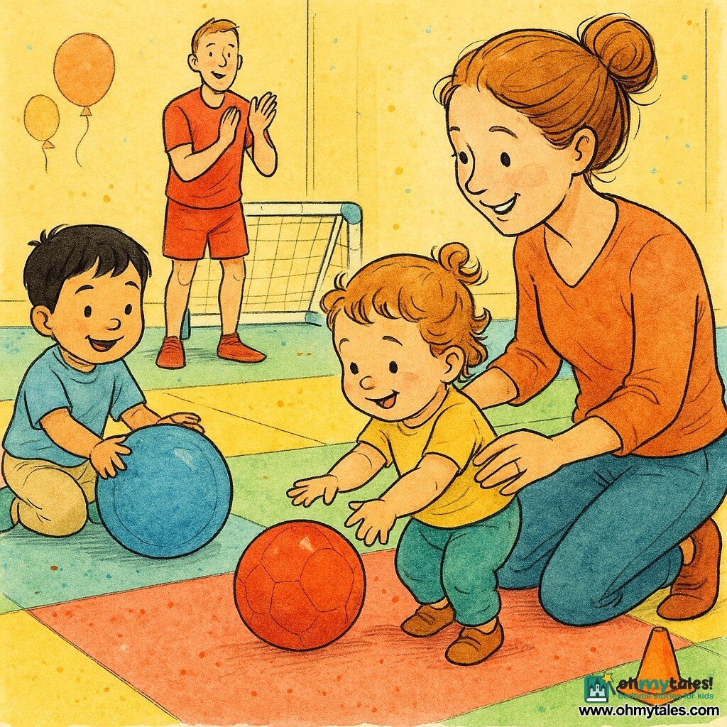 A joyful, focused 2-year-old girl with light brown curls and soft play boots pushes a small red ball with both hands on a colorful mat; her smiling ~30-year-old mother with hair in a bun holds her right hand and watches proudly; a smiling ~3-year-old boy with short black hair sits to the left and rolls a large blue ball toward her; a male coach (~25) in red sportswear stands by a small goal in the background, applauding; setting: small indoor toddler gym with multicolored foam mats, pastel yellow walls with balloon drawings, a plastic goal and orange cones; main moment: the girl has just kicked the red ball rolling toward the goal, everyone watching, warm playful atmosphere, bright ink-like colors and clean outlines.