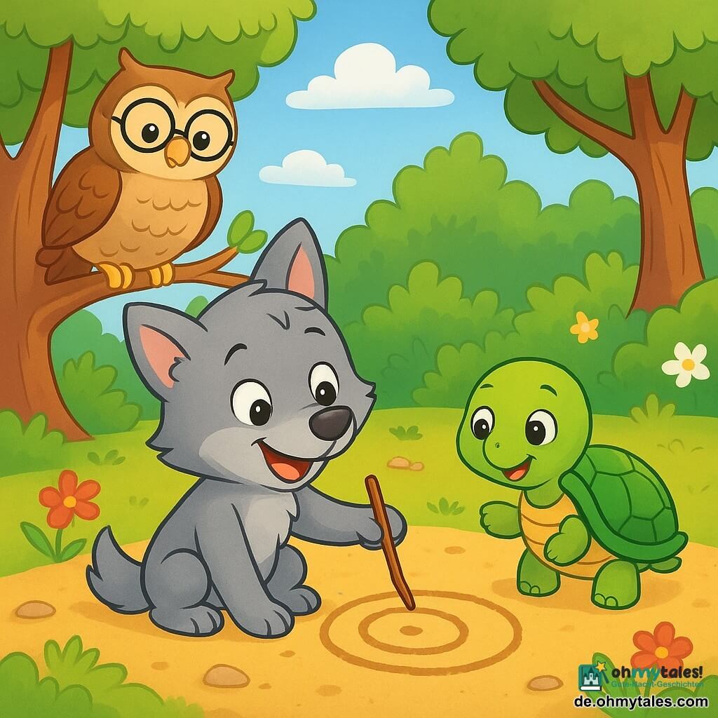 Lio, ein kleiner Wolf mit weichem grauem Fell und neugierigen, funkelnden Augen, steht im Mittelpunkt der Szene, ein breites und warmes Lächeln erhellt sein Gesicht. Er zeichnet mit einem Stock Kreise in den Sand, umgeben von einer Aura der Begeisterung und Entschlossenheit. Rechts von ihm beobachtet Tari, eine kleine Schildkröte mit glänzend grüner Schale und runden Augen, Lio bewundernd. Sie sieht konzentriert und fröhlich aus, ihre Beine bewegen sich sanft, während sie versucht, das Spiel zu verstehen. Im Hintergrund wacht eine große Eule mit braunen Federn und runden Brillen, Madame Eule, wohlwollend über die Kinder, mit einem leichten Lächeln auf dem Schnabel, bereit, ihre Kreativität zu fördern. Der Ort ist eine sonnige Lichtung, umgeben von majestätischen Bäumen mit strahlend grünen Blättern, und bunten Blumen, die im Wind tanzen. Der Boden ist mit weichen Moosteppichen und kleinen glänzenden Kieselsteinen bedeckt, was eine magische und einladende Atmosphäre schafft. Die Hauptsituation zeigt Lio, der seinen Freunden ein neues Spiel vorschlägt, bei dem jeder sich entsprechend den Objekten bewegen muss, die er im Sand gezeichnet hat, und so die Vielfalt der Bewegungen und Talente jedes Einzelnen feiert.
