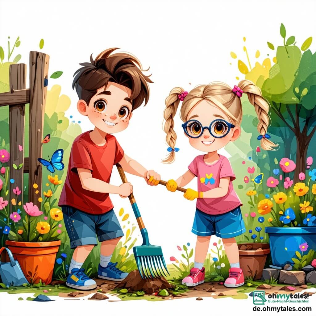 Ein 6-jähriger Junge, Max, mit zerzausten braunen Haaren und einem großen Lächeln, hockt in einem bunten Garten und sammelt mit einer kleinen Schaufel Müll auf. Er trägt ein rotes T-Shirt und blaue Shorts, und sein Gesicht zeigt große Freude und Entschlossenheit. Neben ihm steht seine beste Freundin Emma, ein 6-jähriges Mädchen mit geflochtenen blonden Haaren und runden Brillen, die eine kleine Gießkanne hält, bereit, die Blumen zu gießen. Sie trägt ein Blumenkleid und lächelt Max an. Der Garten ist voller leuchtend bunter Blumen, umgeben von fliegenden Schmetterlingen und summenden Bienen. Im Hintergrund sind grüne Bäume und ein hellblauer Himmel mit einigen weißen Wolken zu sehen. Die Hauptsituation zeigt Max und Emma, die zusammenarbeiten, um den Garten zu reinigen, umgeben von Müll, den sie begeistert aufheben, während sie lachen und Spaß haben, was die Bedeutung der Pflege der Natur verdeutlicht.