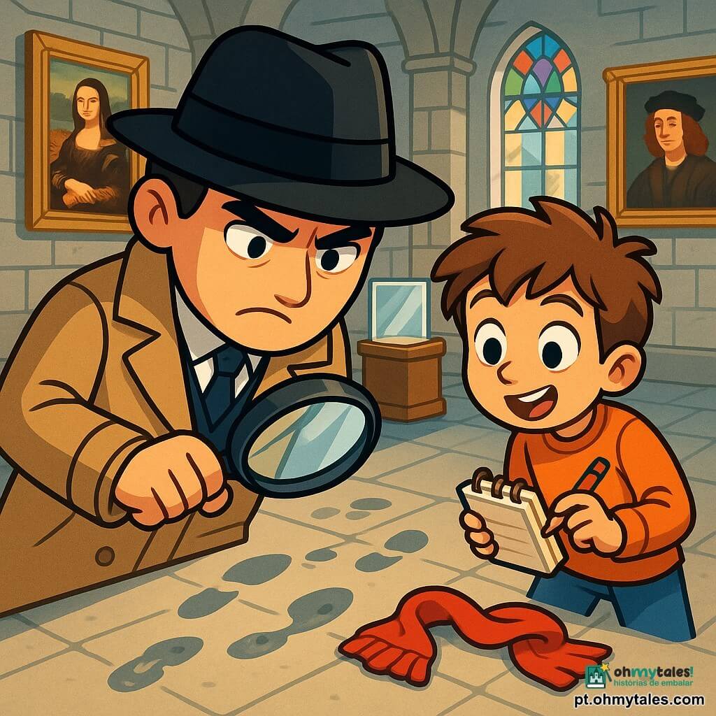 Um homem detetive, chamado Rafael, está no centro da cena, com um grande chapéu preto e um elegante casaco bege. Seu rosto está concentrado, com as sobrancelhas franzidas, e ele segura uma lupa na mão direita, examinando atentamente o chão. Ao seu lado, Lucas, um garoto de nove anos com cabelos castanhos bagunçados, observa com olhos arregalados, segurando um pequeno caderno e um lápis. Ele está curioso e entusiasmado, inclinando-se ligeiramente para frente. O museu é um grande edifício antigo, com paredes de pedra cinza e grandes janelas adornadas com vitrais coloridos. Famosas pinturas estão penduradas nas paredes, e uma vitrine de vidro brilha no centro da sala, vazia, onde a preciosa estatueta desapareceu. A situação principal mostra Rafael e Lucas examinando pistas, com pegadas molhadas no chão e um lenço vermelho caído ao lado da vitrine. A atmosfera é tensa, cheia de mistério, enquanto eles buscam resolver o enigma do roubo.