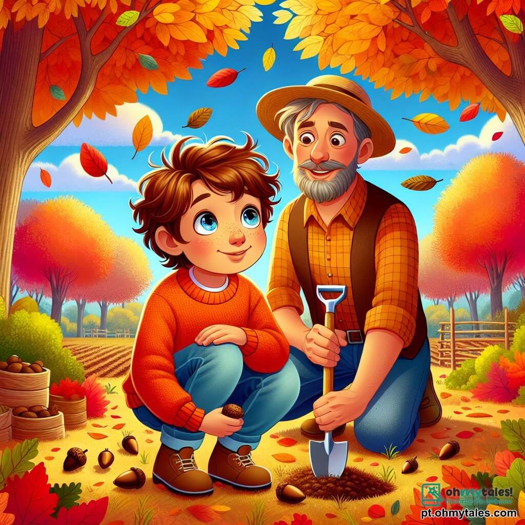 Um menino de 10 anos, chamado Tomás, com cabelos castanhos e cacheados, um sorriso encantado e olhos brilhantes de curiosidade, está agachado em um jardim de outono. Ele usa um suéter laranja vibrante e calças de denim, cercado por folhas douradas e carmesins que caem das árvores. Ao lado dele, seu pai, um homem na casa dos quarenta anos com uma barba leve e um chapéu de palha, segura uma pá e olha para Tomás com orgulho, pronto para plantar bolotas. O jardim está cheio de cores quentes, com árvores de folhas vibrantes, um céu azul claro salpicado de nuvens brancas fofas e uma pequena horta ao fundo. A cena transmite uma atmosfera alegre e tranquila, onde Tomás e seu pai se preparam para plantar sementes para o futuro, cercados pela magia do outono.