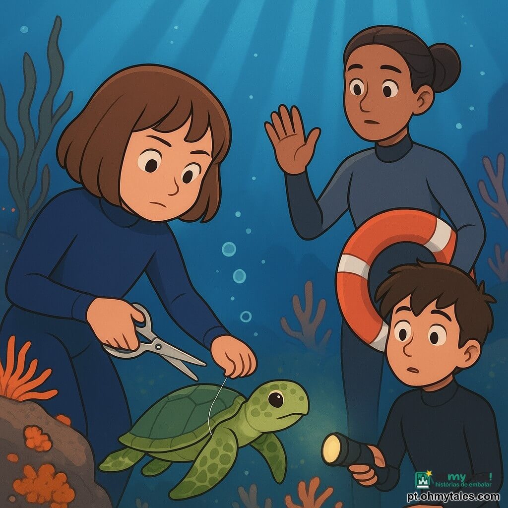 Menina de 12 anos, rosto redondo, cabelo castanho curto, expressão concentrada e suave, com roupa de mergulho azul-marinho, corta com uma pequena lâmina de segurança um fio de pesca transparente para libertar uma pequena tartaruga verde-oliva presa a uma rocha; menino de 12 anos, Tomás, cabelo castanho desgrenhado, ar surpreso e tímido, com roupa de mergulho preta, ilumina a cena à direita com uma pequena lanterna subaquática; mulher, professora Lia, cerca de 35 anos, pele morena, cabelo apanhado, olhar calmo e protetor, com roupa de mergulho cinza, vigia à esquerda sinalizando com a mão e segurando uma boia; fundo: jardim de recife com rochas cobertas de anêmonas rosa e laranja, algas castanhas ondulantes, corais amarelos, partículas luminosas e raios de sol filtrando; cena principal: resgate tranquilo, a menina corta o fio, a tartaruga se solta devagar e bolhas sobem, atmosfera respeitosa e luminosa.