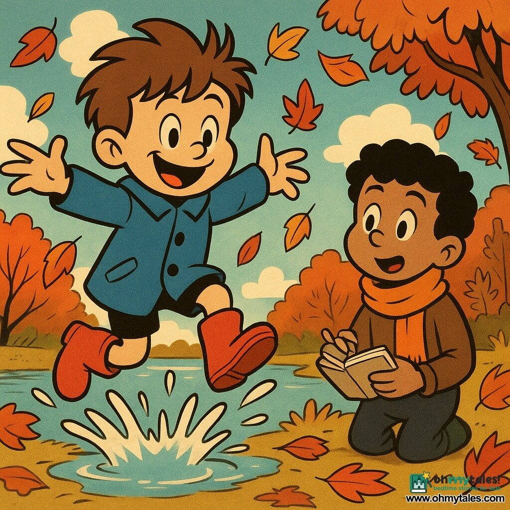 An 8-year-old boy, Max, with tousled brown hair and a bright smile, joyfully jumps into a puddle. He is wearing a blue coat and red rubber boots. Next to him, Amir, another 8-year-old boy with an orange scarf and curly black hair, watches in wonder, holding a small sketchbook. They are surrounded by vibrant autumn leaves, red and golden, swirling around them. In the background, a shimmering lake reflects the blue sky dotted with fluffy white clouds, and trees with branches full of colorful leaves frame the scene. The scene captures a moment of discovery and shared joy between the two friends in an enchanting autumn landscape.
