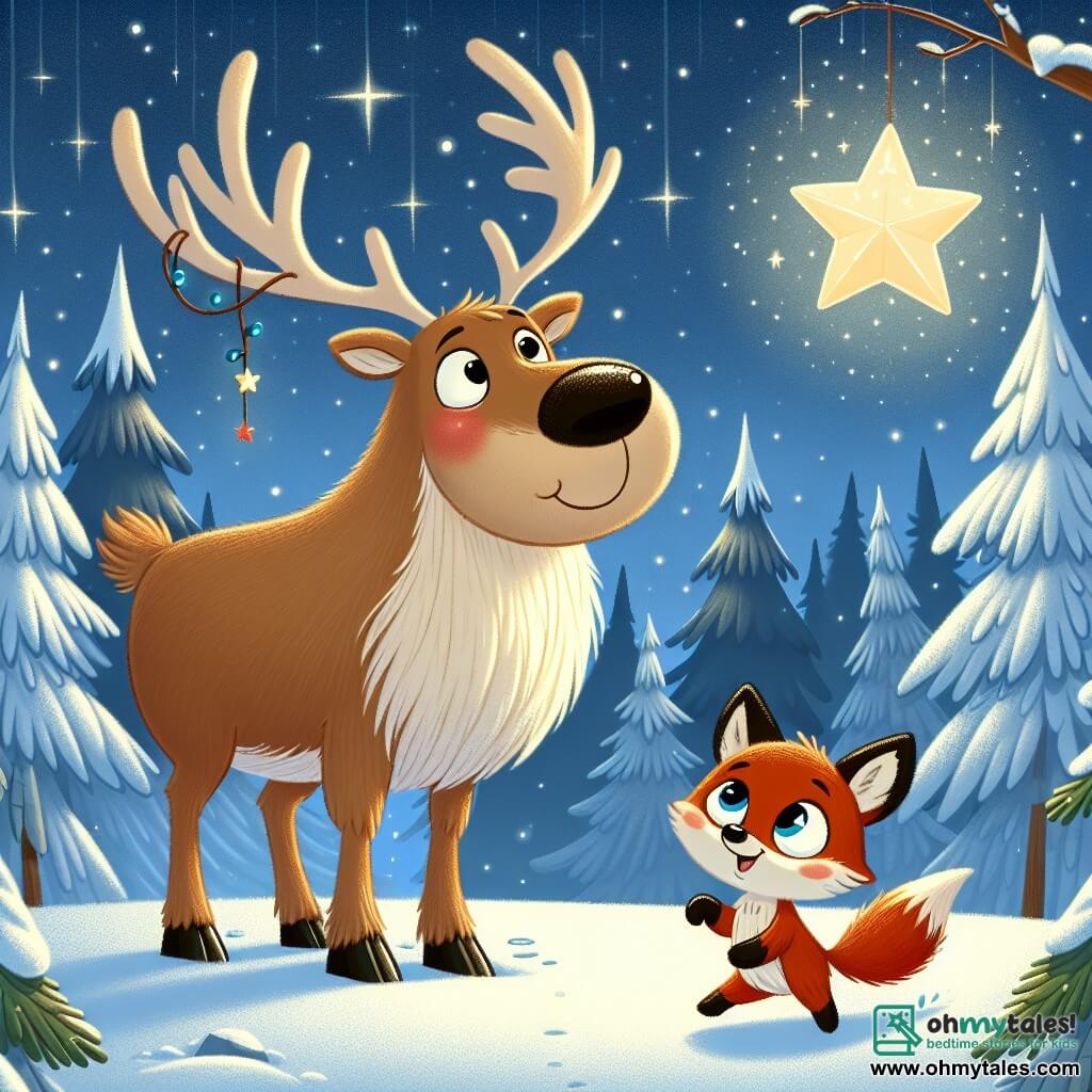 A reindeer named Rolo, with light brown fur and majestic antlers, expresses great curiosity and joy as he looks at a bright star hanging from a tree branch. Next to him, a small fox with reddish fur and a bushy tail, with sparkling eyes of excitement, jumps in the snow, ready to discover the magic. In the background, a snowy forest stretches with majestic trees covered in sparkling snow, and the sky is a deep blue, dotted with stars. The scene captures Rolo and the fox in a moment of wonder, amazed by the beauty of the star illuminating their adventure.