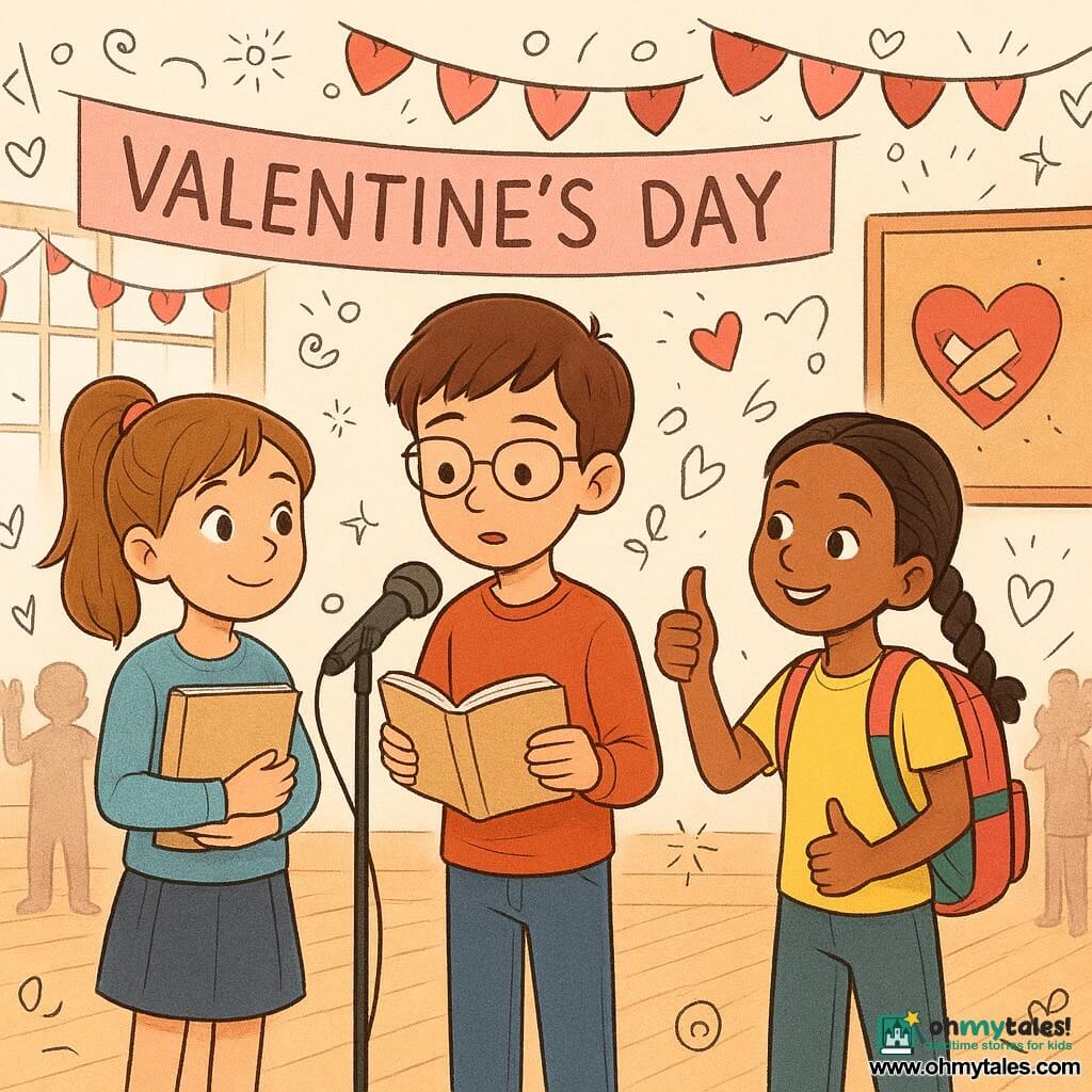 Three children in a school gym decorated for Valentine’s Day: Milo, about 10, short brown hair and thin glasses, stands center at a microphone with an open book, focused; Jada, about 10, tan skin and braided black hair, wearing a colorful backpack, gives a mischievous, encouraging thumbs‑up to Milo from the right; Amelia, about 11, light brown hair in a ponytail, holds the same book to her chest on the left, looking grateful with shining eyes. The gym has a varnished wood floor, warm light, red and pink banners, paper heart garlands, a “Valentine’s Day” sign and a corkboard displaying a repaired heart with a red ribbon. Milo reads aloud on stage, Jada encourages, Amelia waits to take the book; the atmosphere is warm and joyful with soft lighting, children applauding, and the repaired heart visible as a shared symbol.