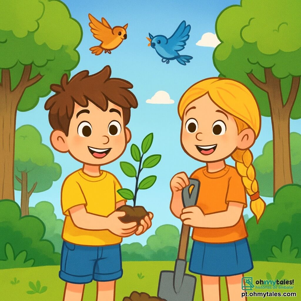 Um menino de 8 anos, chamado Pedro, com cabelos castanhos bagunçados e olhos cheios de curiosidade, está em pé no meio de uma floresta verdejante. Ele usa uma camiseta amarela e um short de jeans, e seu rosto expressa uma determinação alegre enquanto segura uma pequena planta nas mãos. Ao lado dele, uma menina de 8 anos, Clara, com cabelos longos e loiros trançados, sorri segurando uma pá, pronta para plantar uma nova árvore, seus olhos brilhando de excitação. Ao fundo, árvores majestosas com folhas de um verde vibrante se erguem em direção ao céu azul, enquanto pássaros coloridos voam alegremente ao redor deles. A cena transmite uma atmosfera de camaradagem e esperança, ilustrando o compromisso das crianças em salvar a floresta plantando árvores e cuidando da natureza.