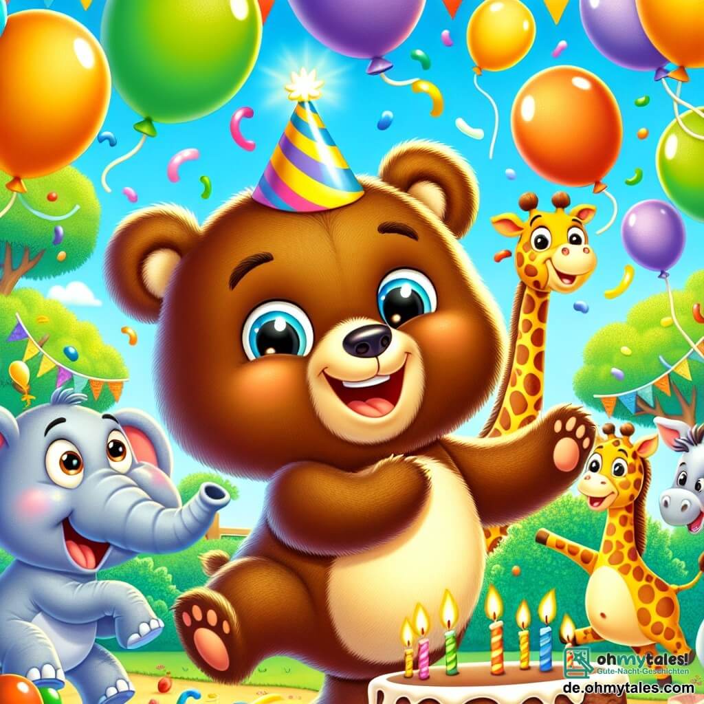 Ein Bär namens Bruno, mit braunem Fell und funkelnden Augen, tanzt auf einer Feier, umgeben von bunten Ballons, die in der Luft schweben. Er hat ein großes Lächeln im Gesicht, das seine ansteckende Begeisterung zeigt. Neben ihm streckt eine Giraffe namens Gigi, mit einem langen gefleckten Hals und sanften Augen, die Arme aus, um Ballons zu fangen, während ein Elefant namens Ella, mit großen Ohren und grauer Haut, im Takt mit den Füßen stampft und fröhliche Musik macht. Der Hintergrund der Illustration zeigt einen bunten Zoo mit Tiergehegen und grünen Bäumen unter einem sonnigen blauen Himmel. Die Hauptszene zeigt Bruno, der auf einer Bananenschale ausrutscht und kurz davor ist, in eine große Torte zu fallen, während alle Tiere um ihn herum lachen und Spaß haben.