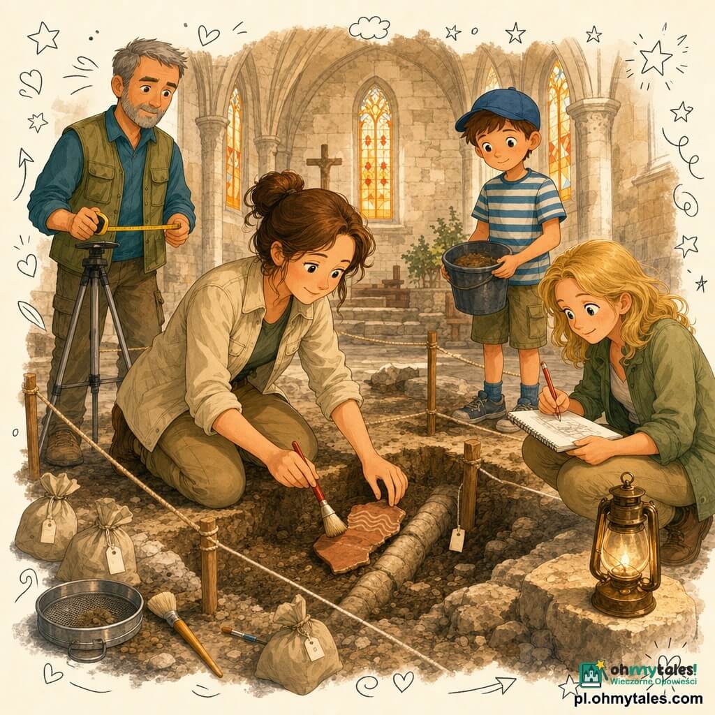 Kobieta archeolog (35–45 lat), łagodne skupione oblicze, kasztanowe włosy w koku, lekko uśmiechnięta, klęczy w beżowej kurtce i khaki spodniach, trzyma mały czerwony pędzelek i delikatnie odsłania fragment ceramiczny; chłopiec Staś (~10 lat), krótkie brązowe włosy, ciekawy nieśmiały wyraz, w niebieskiej czapce i pasiastym t‑shircie, trzyma wiaderko z piaskiem z tyłu po prawej; mężczyzna Pan Olek (~50 lat), krótka siwa broda, poważny i ochronny, stoi po lewej z żółtą taśmą mierniczą przy statywie i notesie; kobieta Pani Zosia (30–40 lat), rozpuszczone blond włosy, błyszczące oczy, kuca z notesem i czerwonym ołówkiem robiąc szkic przy krawędzi wykopu obok oliwnej lampy na kamieniu; wnętrze starego kamiennego kościółka z ostrołukowymi sklepieniami, kolorowymi witrażami rzucającymi pomarańczowe światło, zużytymi filarami, kamienną posadzką i dużym kwadratowym wykopem w centrum otoczonym sznurkami i ponumerowanymi sakiewkami; scena spokojna i jasna, archeologiczne prace pod posadzką chóru, fragment ceramiki z falistym wzorem, widoczna stara kamienna rura, atmosfera skupienia, drobne narzędzia (pędzle, sitko, woreczki) oraz ciepłe akcenty kolorystyczne i drobne rysunki‑doodle (strzałki, gwiazdki, etykiety).