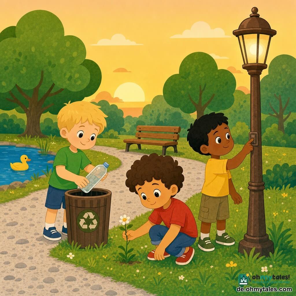 Drei Jungen, je 4 Jahre: Lukas, blond mit kurzem Haar, grünes T‑Shirt und blaue Shorts, links und reicht eine kleine leere Flasche zur Mülltonne; Ben, braun gelockt, rotes T‑Shirt und kurze Jeans, in der Mitte hockend und hält vorsichtig eine kleine Blume in der rechten Hand; Tim, schwarzhaarig, gelbes T‑Shirt und khakifarbene Bermudas, rechts stehend und drückt mit dem Finger einen Laternenknopf; Ort: Park am späten Nachmittag mit grüner Wiese, hellem Schotterweg, einer braunen Holzbank hinter den Kindern, einem kleinen blauen Teich links mit einer gelben Ente, einigen rundblättrigen Bäumen und einer gealterten braunen Laterne; Hauptsituation: Die drei sammeln Müll und kümmern sich um die Natur (Flaschen und Papier in einer kleinen Tasche, Blume wird behutsam behandelt, Laterne wird ausgeschaltet, um Strom zu sparen), sanfte Atmosphäre, warme Abendfarben, einfache Formen, klare Konturen, ruhige, lächelnde Ausdrücke, Komposition auf die Kinder und ihre fürsorglichen Gesten fokussiert.