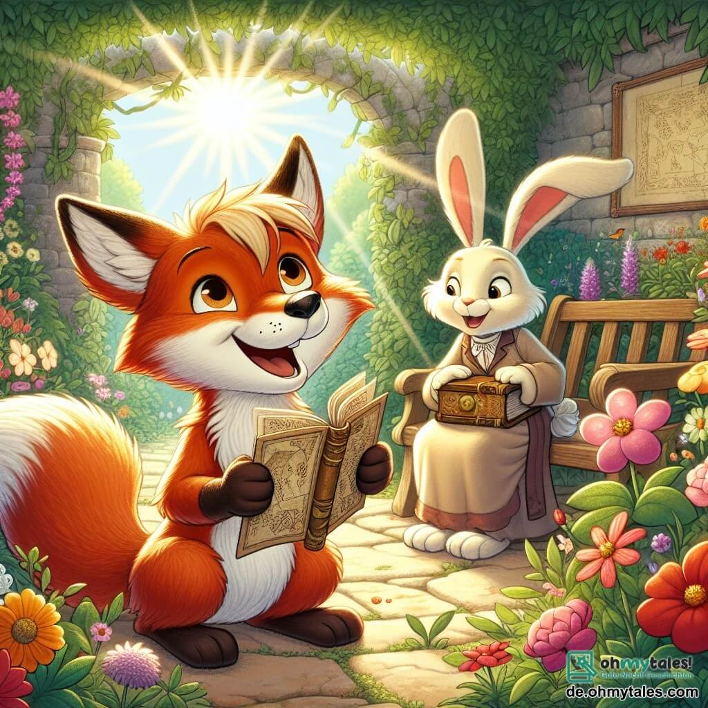 Ein kleiner Fuchs namens Felix mit glänzendem rotem Fell und neugierigen Augen steht im Mittelpunkt eines geheimen Gartens, begeistert von der Schönheit der bunten Blumen um ihn herum. Er lächelt breit und hält eine alte Karte in seinen Vorderpfoten, als hätte er einen verborgenen Schatz entdeckt. An seiner Seite sitzt seine Großmutter, ein sanftes Kaninchen mit großen Ohren und cremefarbenem Fell, die mit einem wohlwollenden Lächeln zusieht und ein altes Buch voller Geschichten in der Hand hält. Sie sitzt auf einer Holzbank, umgeben von strahlenden Blumen, und scheint erfreut, diesen Moment mit ihrem Enkel zu teilen. Der Garten ist eine Oase des Friedens, mit steinernen Wänden, die mit Efeu bewachsen sind, majestätischen Bäumen, die Schatten spenden, und Vögeln, die in den Ästen singen. Sonnenstrahlen dringen durch das Laub und erleuchten die Blütenblätter, wodurch eine magische Atmosphäre entsteht. Die Hauptsituation zeigt Felix, der die Schatzkarte in diesem geheimen Garten entdeckt, einem mysteriösen und bezaubernden Ort, an dem er immense Freude und spürbare Aufregung für die bevorstehenden Abenteuer empfindet.