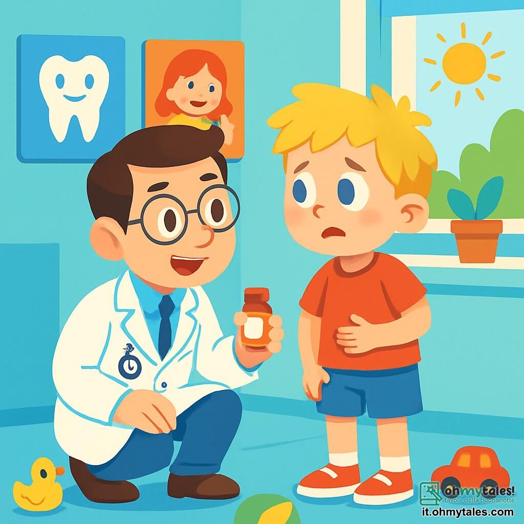 Un uomo, il dottor Marco, sorridente e benevolo, indossa un camice bianco impeccabile. Ha i capelli castani e occhiali rotondi, e si sta accovacciando per parlare con un bambino di circa 6 anni, Luca, che ha i capelli biondi e disordinati e occhi blu. Luca guarda il dottore con un'espressione preoccupata e curiosa, tenendosi la pancia con una mano. La scena si svolge in una clinica luminosa e accogliente, con pareti dipinte di blu pastello e manifesti colorati di personaggi dei cartoni animati sulla salute. I giocattoli sono sparsi sul pavimento e una grande finestra lascia entrare la luce del sole, creando un'atmosfera calda. Il dottor Marco esamina Luca, che si sente male allo stomaco, e gli parla dolcemente per rassicurarlo, tenendo un piccolo flacone di medicinale in una mano, pronto ad aiutare il suo giovane paziente a sentirsi meglio.