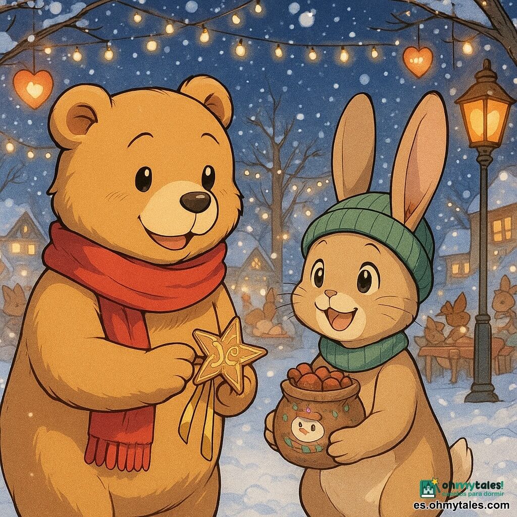 Un oso de pelaje color miel, con una bufanda roja, está de pie con una expresión cálida y agradecida. Ofrece una estrella de madera decorada con cintas doradas. A su lado, una liebre con orejas altas y un gorro verde sonríe con asombro, sosteniendo un saco de pequeñas nueces pintadas. Están rodeados de nieve brillante, bajo linternas en forma de corazones colgadas de las ramas de los árboles. La escena se desarrolla en una plaza de pueblo nevada, iluminada por guirnaldas luminosas y farolillos naranjas. El ambiente es festivo y mágico, con animales del bosque al fondo, compartiendo pasteles y bebidas calientes.