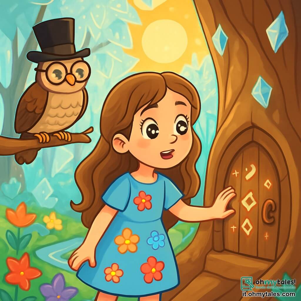 Una giovane ragazza di nome Livia, di circa 10 anni, si trova al centro dell'immagine, con lunghi capelli ondulati castano chiaro e occhi brillanti come stelle. Indossa un vestito di cotone azzurro decorato con fiori colorati, e il suo viso esprime una curiosità meravigliata. Accanto a lei, un gufo saggio con un cappello a cilindro nero e occhiali rotondi la guarda con un sorriso benevolo, posato su un ramo. Il luogo è il Bosco di Cristallo, un posto incantato dove gli alberi con foglie traslucide brillano sotto la luce di un sole dorato. Fiori di cristallo dai colori vivaci ricoprono il terreno, e un ruscello cantante serpeggia attraverso il paesaggio, riflettendo i colori vivaci del cielo. La scena principale mostra Livia che scopre una piccola porta in legno intagliato, incastonata nelle radici di un albero maestoso, con simboli misteriosi che brillano dolcemente. Si prepara ad aprirla, il cuore che batte d'eccitazione e meraviglia.
