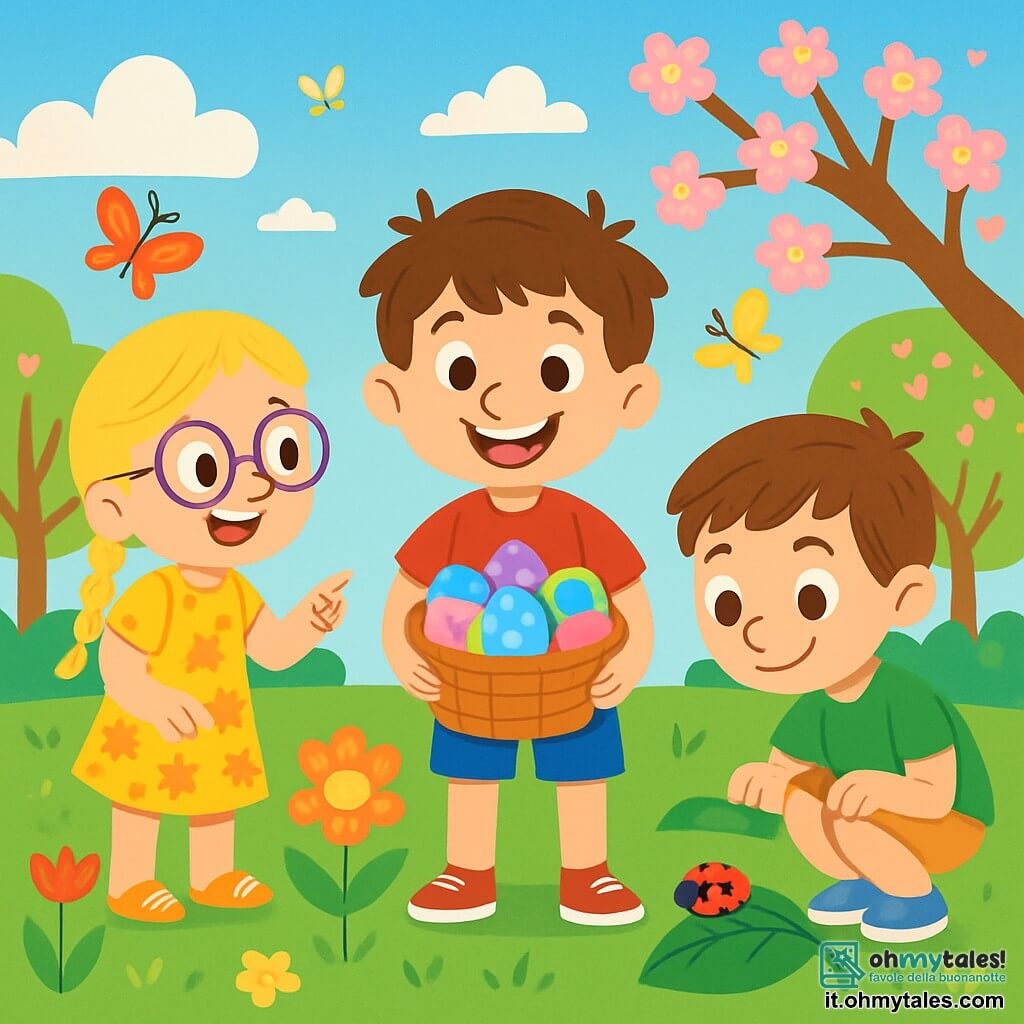 Ci sono 3 personaggi: - Luca: un ragazzo di 7 anni, con capelli castani disordinati e occhi scintillanti. Indossa una maglietta rossa e pantaloni blu. È in piedi al centro, sorridente, con un grande cesto colorato pieno di uova di cioccolato. - Giulia: una ragazza di 6 anni, con lunghi capelli biondi intrecciati e occhiali rotondi. Indossa un vestito a fiori e sandali. È a sinistra di Luca, mentre indica un bel fiore appena sbocciato. - Matteo: un ragazzo di 7 anni, con capelli castani e un sorriso malizioso. Indossa una maglietta verde e pantaloni corti. È a destra di Luca, accucciato e osserva una piccola coccinella su una foglia. Il luogo è un parco primaverile vibrante di colori, con erba verde e fresca, fiori multicolori che sbocciano ovunque e alberi in fiore che danzano dolcemente nella brezza. Il cielo è di un blu splendente, punteggiato di nuvole bianche e soffici. La scena principale mostra i tre amici in piena caccia alle uova di Pasqua, ridendo e divertendosi, mentre farfalle colorate volano intorno a loro, aggiungendo un tocco magico a questa bella giornata di sole.