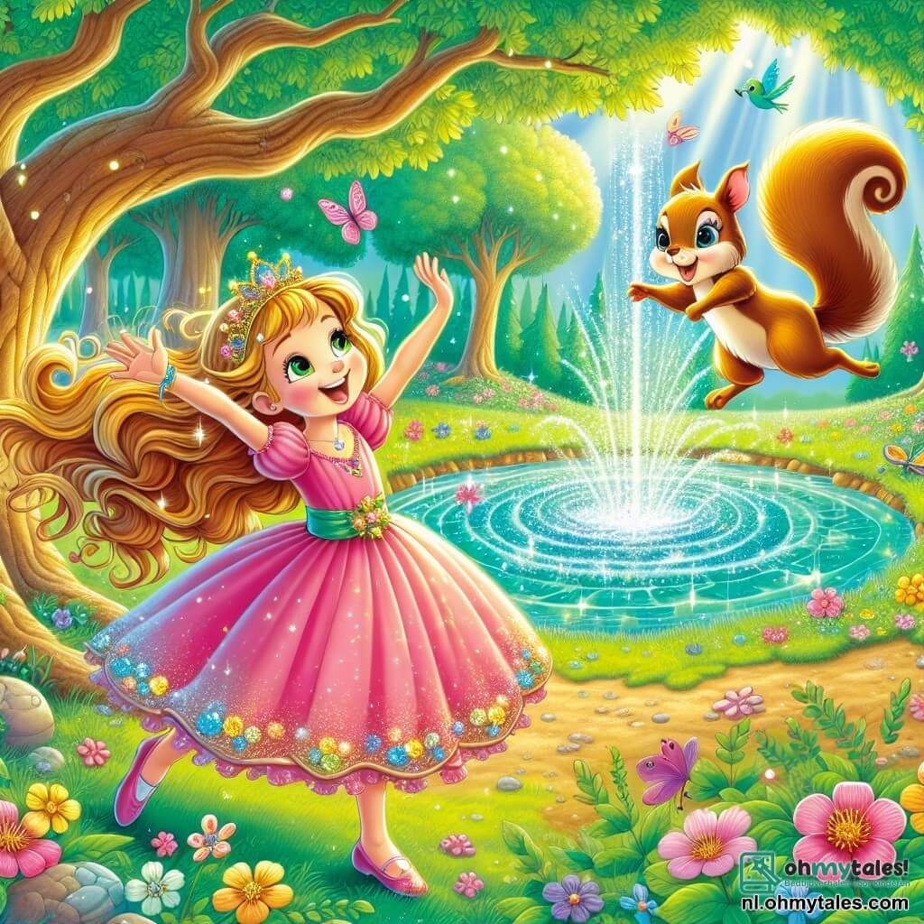 Prinses Lila, een meisje van ongeveer 10 jaar, heeft lange gouden haren die in de zon glanzen en draagt een roze jurk versierd met fonkelende bloemen. Ze heeft een uitdrukking van vastberadenheid en vreugde, terwijl ze haar armen naar de lucht heft bij het ontdekken van de magie van de bron. Naast haar is Kiki, een ondeugend eekhoorntje met een bruine vacht en sprankelende ogen, dat van blijdschap op een tak springt en Lila aanmoedigt. De locatie is een betoverende open plek, omringd door majestueuze bomen met smaragdgroene bladeren, met een kristalheldere bron in het midden die schittert als diamanten in de zon. Kleurrijke bloemen en flonkerende vlinders dansen eromheen, wat een vleugje magie aan de scène toevoegt. De hoofdactie toont Lila en Kiki die de ontdekking van de magische bron vieren, nadat ze een klein vogeltje hebben geholpen zijn weg te vinden, wat vriendschap en moed symboliseert.