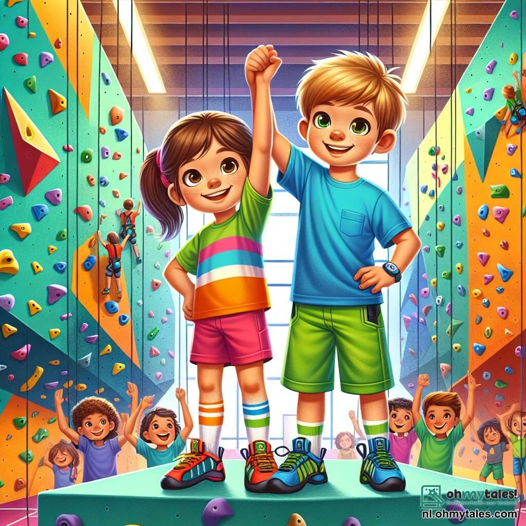 Een klein meisje van 6 jaar, genaamd Lila, staat bovenaan een hoge klimwand met een grote glimlach op haar gezicht en sprankelende ogen van vreugde. Ze draagt een kleurrijk t-shirt en een short, evenals geschikte sportschoenen voor het klimmen. Haar bruine haar is in een paardenstaart vastgebonden, die lichtjes in de wind waait. Naast haar staat een jongen van 7 jaar, Max, ook bovenaan de klimwand. Hij heeft blond haar en draagt een blauwe t-shirt en een groene short. Hij glimlacht breed, met zijn armen omhoog in een teken van overwinning, en viert hun gezamenlijke succes. De locatie is een binnensportklimzaal met kleurrijke muren en grepen van verschillende vormen en maten. Kinderen spelen en klimmen om hen heen, wat een vrolijke en dynamische sfeer creëert. De belangrijkste situatie toont Lila en Max, hand in hand, met hun armen in de lucht, hun succes vierend omdat ze de top van de klimwand hebben bereikt, omringd door klasgenoten die hen aanmoedigen.