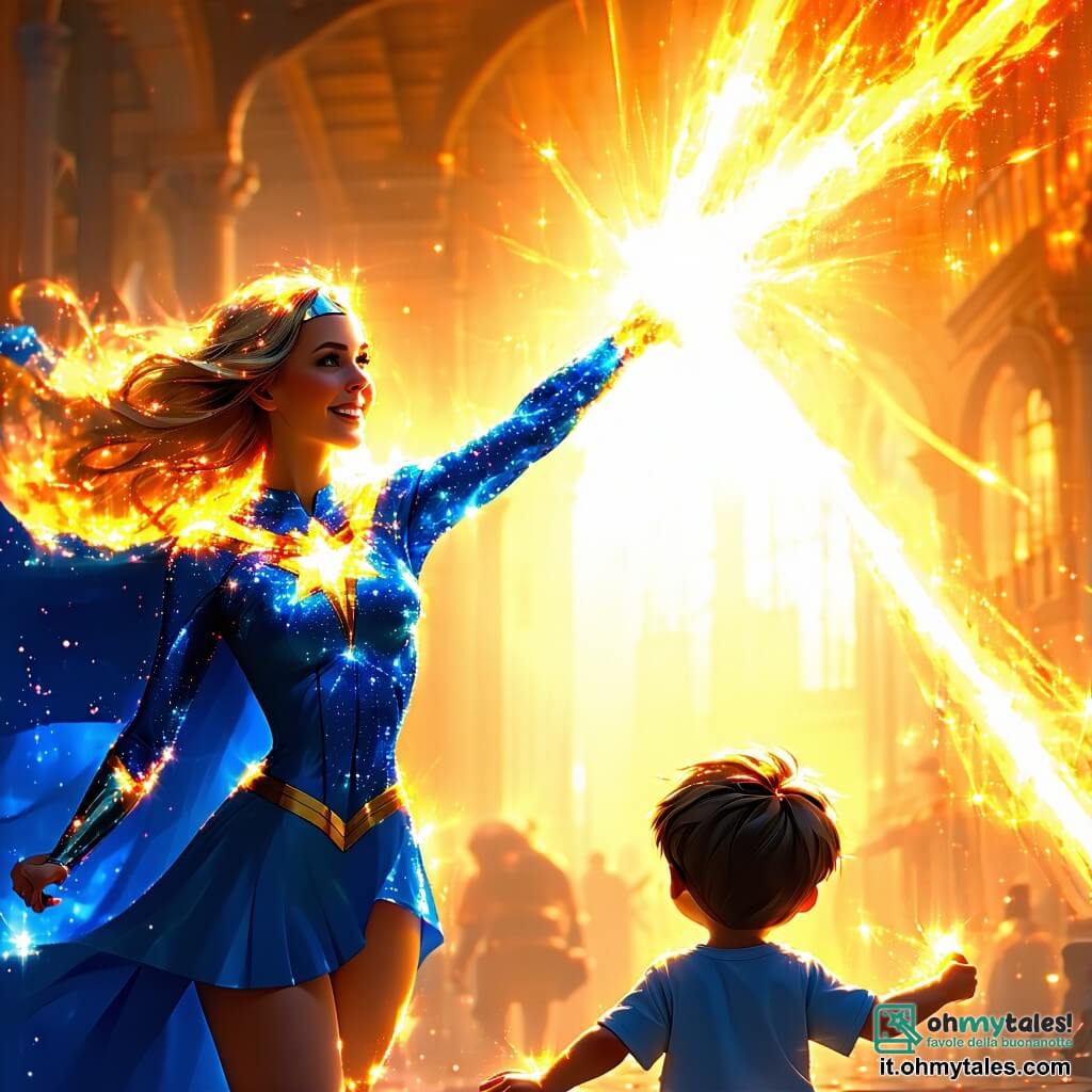 Al centro dell'immagine, Luce Stellare, una supereroina, è una donna dai capelli dorati brillanti come il sole, vestita con un costume blu scintillante. Sorride con determinazione, alzando le braccia verso il cielo e illuminando la scena con la sua luce splendente. Accanto a lei, Martello, un ragazzo di circa 10 anni, è muscoloso con capelli castani disordinati, brandendo un enorme martello con uno sguardo coraggioso. Dall'altro lato, Freccia, una ragazza veloce di 9 anni, ha capelli neri raccolti in una coda di cavallo e indossa un costume rosso, pronta a correre, con gli occhi scintillanti di eccitazione. Lo sfondo è una città colorata, con edifici dalle facciate vibranti, alberi verdi lussureggianti e un cielo blu punteggiato di nuvole bianche. In lontananza, si intravede Ombra Nera, una silhouette scura e minacciosa, che cerca di sfuggire nell'ombra. La scena principale mostra Luce Stellare e i suoi amici uniti, pronti ad affrontare Ombra Nera, mentre la luce di Luce illumina la scena, simboleggiando speranza e coraggio di fronte all'oscurità.