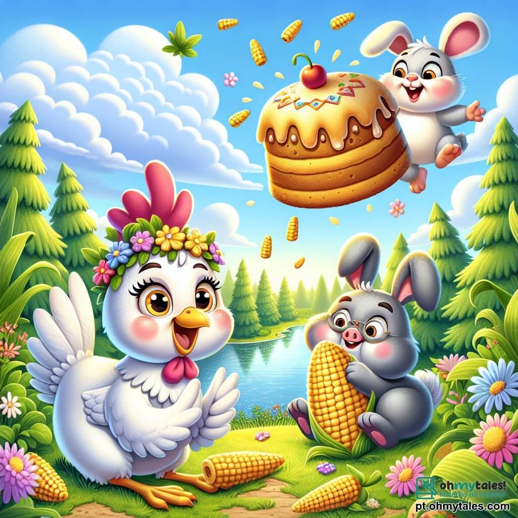 Uma galinha chamada Lila, com penas brancas e um pequeno chapéu colorido, está no centro da imagem, com os olhos brilhando de curiosidade e um grande sorriso no rosto, pulando de alegria diante de um enorme bolo de milho que flutua no ar. À sua direita, um coelhinho travesso com grandes orelhas e pelagem cinza, com uma expressão divertida, aplaude enquanto observa o bolo dançar. À esquerda, um porquinho rosa, com bochechas redondas e um sorriso radiante, segura espigas de milho e ri da situação. A cena acontece em uma floresta ensolarada, com árvores verdes luxuriantes, flores coloridas e um lago cintilante ao fundo. O céu é azul com algumas nuvens brancas fofas. No primeiro plano, Lila, o coelho e o porquinho estão cercados de risadas e alegria, enquanto o bolo, em pleno voo, parece pronto para fazer um truque acrobático.