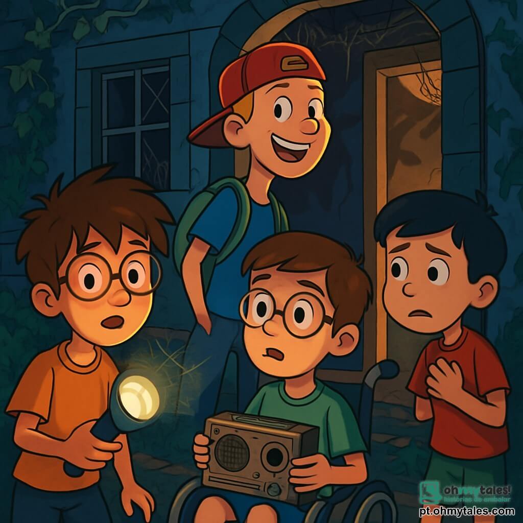 Há 4 crianças: - Igor: um garoto de 10 anos, com cabelos castanhos bagunçados e óculos redondos. Ele segura uma lanterna que ilumina seu rosto curioso. - Rafael: um garoto de 11 anos, alto e magro, com cabelos loiros e um boné virado. Ele está um pouco à frente, pronto para entrar na casa, exibindo um sorriso ousado. - Pedro: um garoto de 10 anos, em cadeira de rodas, com cabelos castanhos e óculos. Ele olha para a casa com olhos arregalados, segurando um velho gravador nas mãos. - Lucas: um garoto de 10 anos, com cabelos negros e sardas. Ele está um pouco atrás, com o rosto preocupado, observando as sombras na casa. A cena se passa em uma velha casa abandonada, com paredes de pedra cobertas de hera e janelas quebradas. A porta de madeira está entreaberta, deixando passar uma luz misteriosa. Teias de aranha pendem nos cantos, e o chão está coberto de folhas secas e detritos. A atmosfera é sombria e inquietante, com sombras dançantes projetadas pela luz das lanternas. As crianças estão em pé diante da porta da casa, hesitando em entrar. Elas ouvem um leve sussurro que parece vir de dentro, e seus rostos mostram uma mistura de medo e curiosidade.