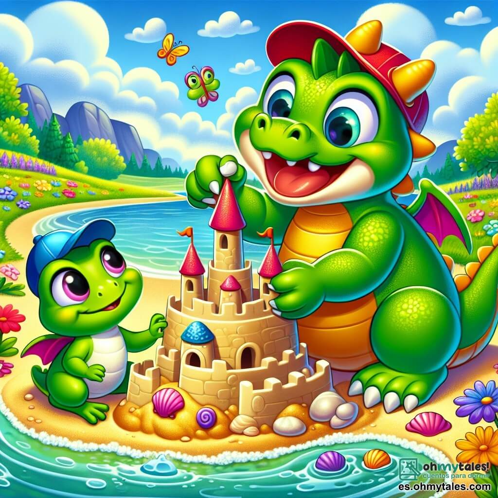 Un dragón verde llamado Pepe, con grandes ojos redondos y una sonrisa alegre, lleva una gorra roja y construye un castillo de arena junto a un lago. A su lado, su mejor amiga, una pequeña rana llamada Lili, con piel verde brillante y ojos chispeantes, lleva una gorra azul y le ayuda añadiendo conchas al castillo. El lago está rodeado de flores coloridas y árboles verdes, bajo un cielo azul brillante con algunas nubes blancas. Pepe y Lili ríen juntos, felices de crear su magnífico castillo de arena, mientras salpicaduras de agua brillan a su alrededor.