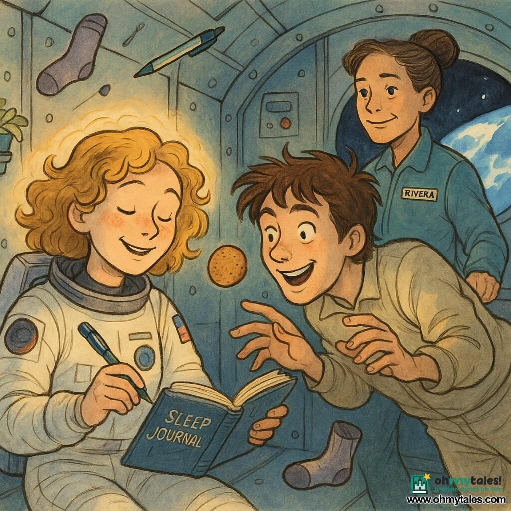 The heroine is a joyful, slightly dreamy female astronaut with delicate hands holding a floating pen, curly blonde hair haloing her head, in a white spacesuit with colorful patches, writing in a floating sleep journal at the center; to her right a mischievous ~28-year-old man (Max) with tousled brown hair smiles as he reaches for a spinning round cookie; a ~45-year-old woman (Captain Rivera) watches kindly with her hair in a bun and a calm smile, standing slightly back by an instrument panel with her hand on a handle; the metallic interior has grey panels and visible fasteners, a wide porthole shows a blue, cloudy Earth, potted plants are attached to the wall and small objects (cookie, pen, sock) float; the scene is warm and playful with gentle weightlessness, soft light from the porthole and pastel tones.