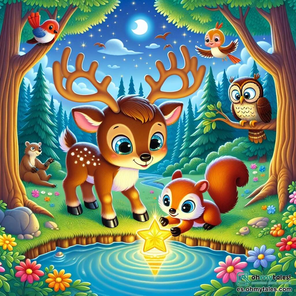 Un reno llamado Renosito, con un pelaje suave y marrón, ojos brillantes de determinación y cuernos majestuosos, se encuentra al borde de un pequeño arroyo, sosteniendo en sus patas la brillante Estrella de los Deseos. A su lado, una pequeña ardillita de ojos vivos y pelaje rojizo trepa por una rama, mirando con asombro la luz de la estrella. Un pajarito de plumas coloridas vuela sobre ellos, cantando alegremente, mientras un viejo búho sabio, posado en una rama, observa la escena con benevolencia. El lugar es un magnífico bosque mágico, con altos árboles de troncos gruesos, flores brillantes de colores variados y un cielo azul salpicado de nubes esponjosas. La escena principal muestra a Renosito, rodeado de sus amigos, sacando la brillante estrella del agua, iluminando el paisaje con una suave luz dorada, simbolizando la amistad y la ayuda mutua.