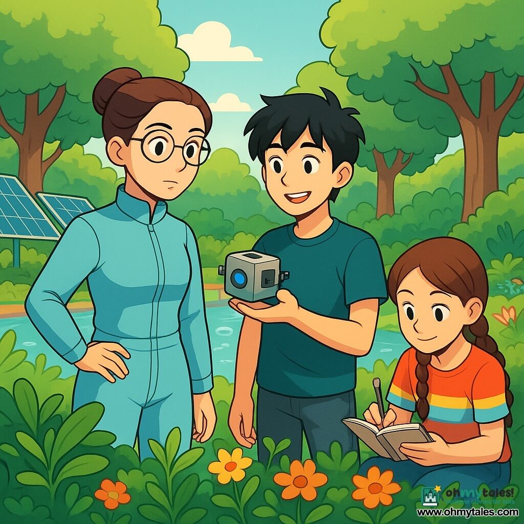 Dr. Mira Alvar stands in a lush park of the Halcyon Spoke space station. She has brown hair in a bun, round glasses, and wears a light blue scientist's suit. Her face shows determination and curiosity as her bright eyes scan the surrounding plants. Beside her is a 16-year-old boy, Jax, with messy black hair and an engaging smile, holding a small cube-shaped drone and closely observing the plants' reactions. A 12-year-old girl, Leena, with braids and a colorful t-shirt, is crouched near a flower bed, taking notes in a small notebook. The park is filled with tall trees with vibrant green leaves, colorful flowers, and a pond with shimmering reflections and rising bubbles. Soft light from solar panels illuminates the area, creating a peaceful and welcoming atmosphere. The main scene shows Dr. Mira, Jax, and Leena working together to save the park by observing plants and discussing solutions to restore the health of this vital ecosystem.