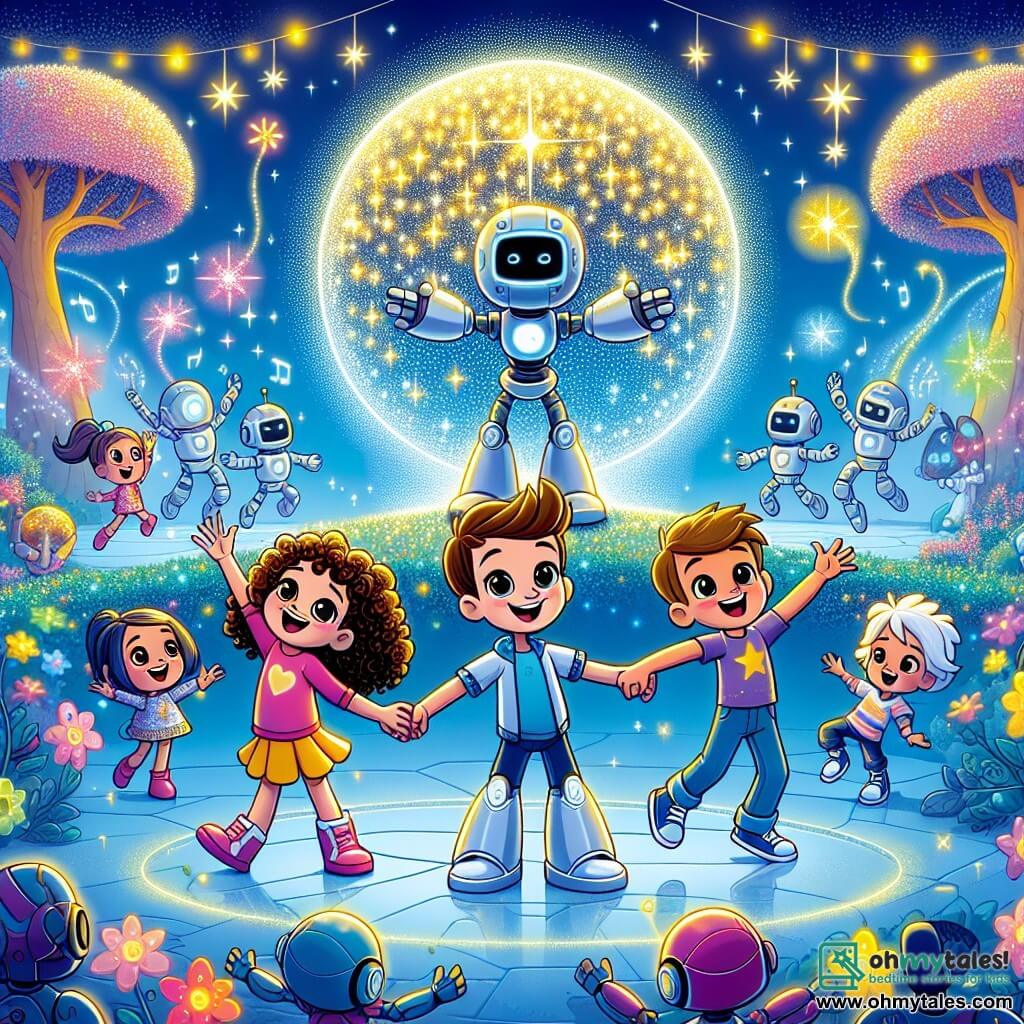 In a futuristic park called Sparkle Park, three friends stand together, surrounded by twinkling lights. Mia, an 8-year-old girl with curly hair and a big smile, is on the left, raising her arms enthusiastically. Leo, a 7-year-old boy with short hair and sparkling eyes, is in the center, jumping for joy. Sam, a 9-year-old boy sitting in his glowing futuristic wheelchair, smiles widely and looks at the sky. The park is filled with bright colors, featuring sparkling trees with glowing branches and singing flowers. Robots dance around them, and a large silver sphere, the source of magic, shines at the center, emitting bursts of light. The main scene shows the children gathered around Zippy, a friendly robot, as he presents a magical crystal that rises into the air, lighting up the sky with a thousand colors. The friends sing together, their faces beaming with excitement, while little twinkling stars float around them.