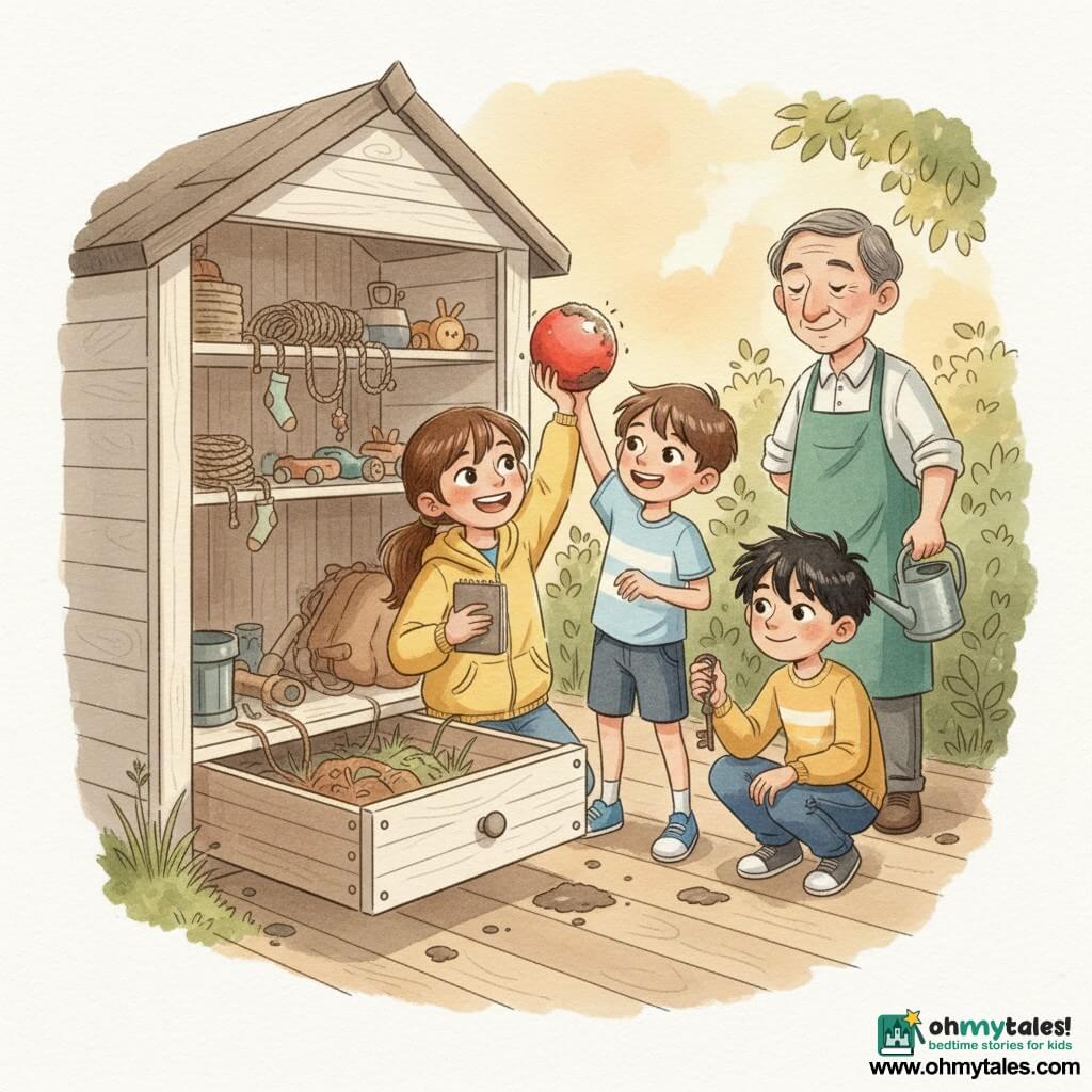 A smiling, proud 10-year-old girl Maya with brown hair in a ponytail, wearing a yellow jacket and holding a notebook, kneels before a slightly open wooden drawer; joyful 10-year-old Leo with short chestnut hair stands beside her holding a shiny red balloon with a bit of mud; shy but happy 11-year-old Jay with messy black hair crouches nearby holding a rusty key; Mr. Patel, a kind-faced gardener of about 50 in a green apron with a watering can, stands behind them by the bushes; the cream-painted wooden shed has cluttered shelves, a dusty open drawer, surrounding grass and roots, and soft sunset light filtering through leaves, creating a warm, friendly scene of triumph as the children celebrate finding the red balloon.