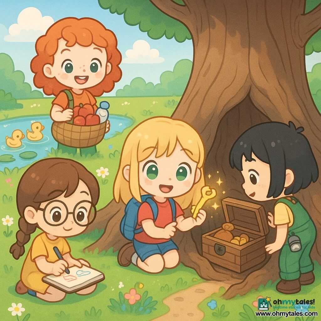 Four girls: Lily, 8, straight blond hair, bright green eyes, small blue backpack—kneeling center beside a root holding a golden key; Mia, 7, brown braided hair, round glasses, yellow dress with pencils in the pocket—left, sitting on the grass drawing in a notebook; Ella, 7, short black hair, green overalls, flashlight on her belt—right, leaning toward a small wooden box hidden among the roots; Zoe, 8, curly red hair, freckles, carrying a basket of apples and a water bottle—behind the group smiling at ducks on the pond. Setting: a sunny park corner by a sparkling pond with green grass dotted with daisies, pink and blue flowers along a secret path, a large oak with thick gnarled roots hiding a weathered wooden box, water lilies and three yellow ducks, clear blue sky with fluffy clouds. Main scene: the four little adventurers discover a golden key and open the wooden box in the oak roots, amazed expressions, twinkling stars around the key, ancient treasure pouches and old coins visible inside; pastel, rounded lines, warm magical atmosphere.