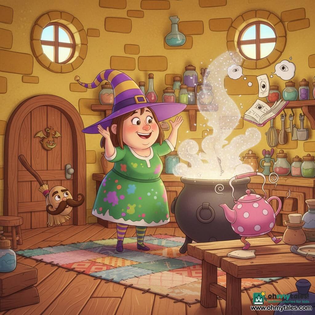 An adult witch named Wanda (about 40) with a round smiling face and mischievous eyes wears a large twisted purple-and-yellow striped hat, mismatched socks and a green potion-stained dress; surprised and amused with hands raised as her cauldron sneezes glittery smoke, a broom with an elegant mustache flies playfully nearby, a pink polka-dot teapot tap-dances on the table with musical spiral steam, a friendly open book with floating pages and drawn eyes hovers offering advice, and the cozy chaotic kitchen—yellow stone walls, round windows, a wooden door with a dragon figurine, shelves of colorful jars and a patchwork rug—shows a funny magical moment with sparkling smoke, soft lighting and bold cartoon textures.