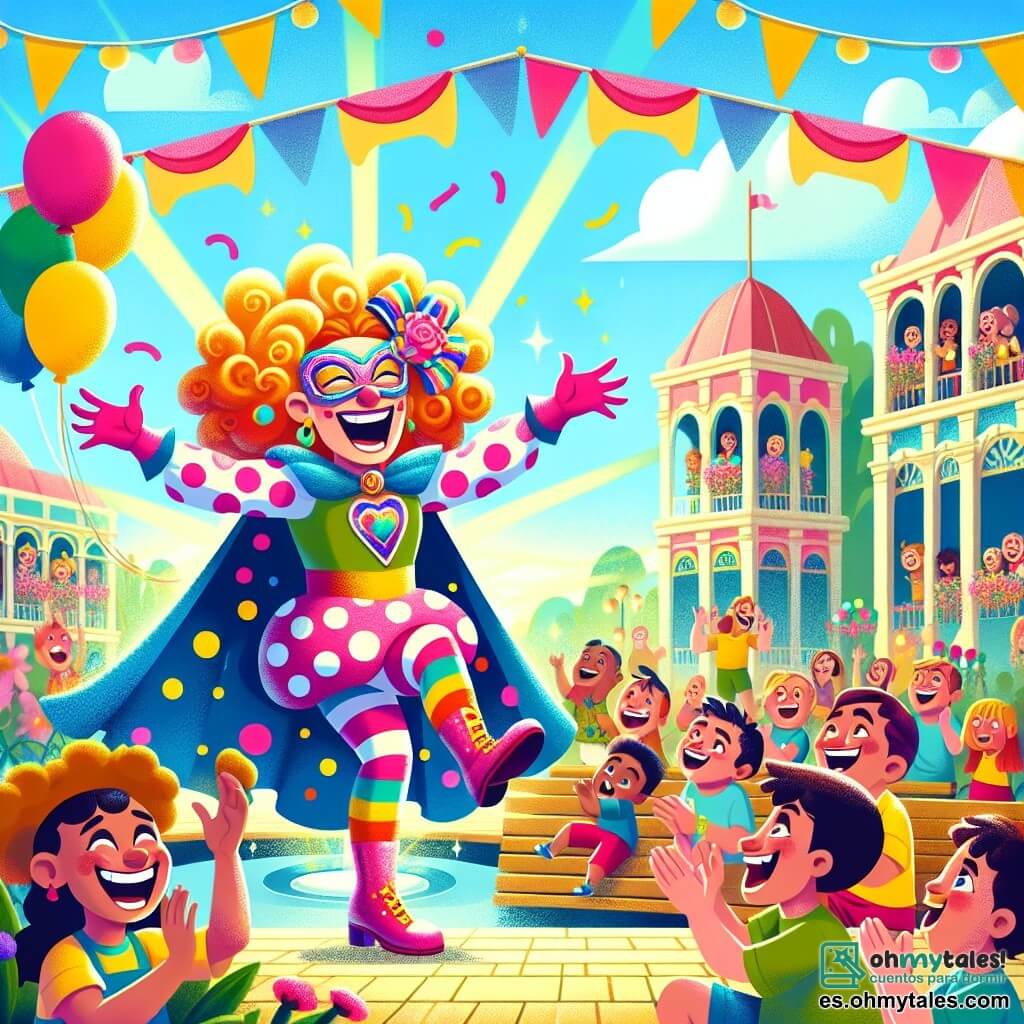 Super Chistosa, una mujer superhéroe alegre con una capa de colores y lunares y cabello rizado, ríe mientras baila entre una multitud de niños asombrados. Su rostro irradia felicidad y picardía, haciendo gestos divertidos para entretener a todos. A su lado, el Gran Chistólogo, un hombre alto y delgado con un enorme bigote de colores, aplaude con entusiasmo mientras ríe. Lleva un traje llamativo y está listo para unirse a Super Chistosa en sus bromas. La escena tiene lugar en una plaza animada de Sonrisaville, llena de colores vivos, globos flotantes y risas infantiles, con bancos de madera rodeados de flores brillantes y una fuente en el centro que proyecta gotas de agua brillantes bajo el sol. La situación principal muestra a Super Chistosa y el Gran Chistólogo lanzando un concurso de muecas hilarantes, mientras los niños ríen y se divierten, creando un ambiente alegre y festivo.