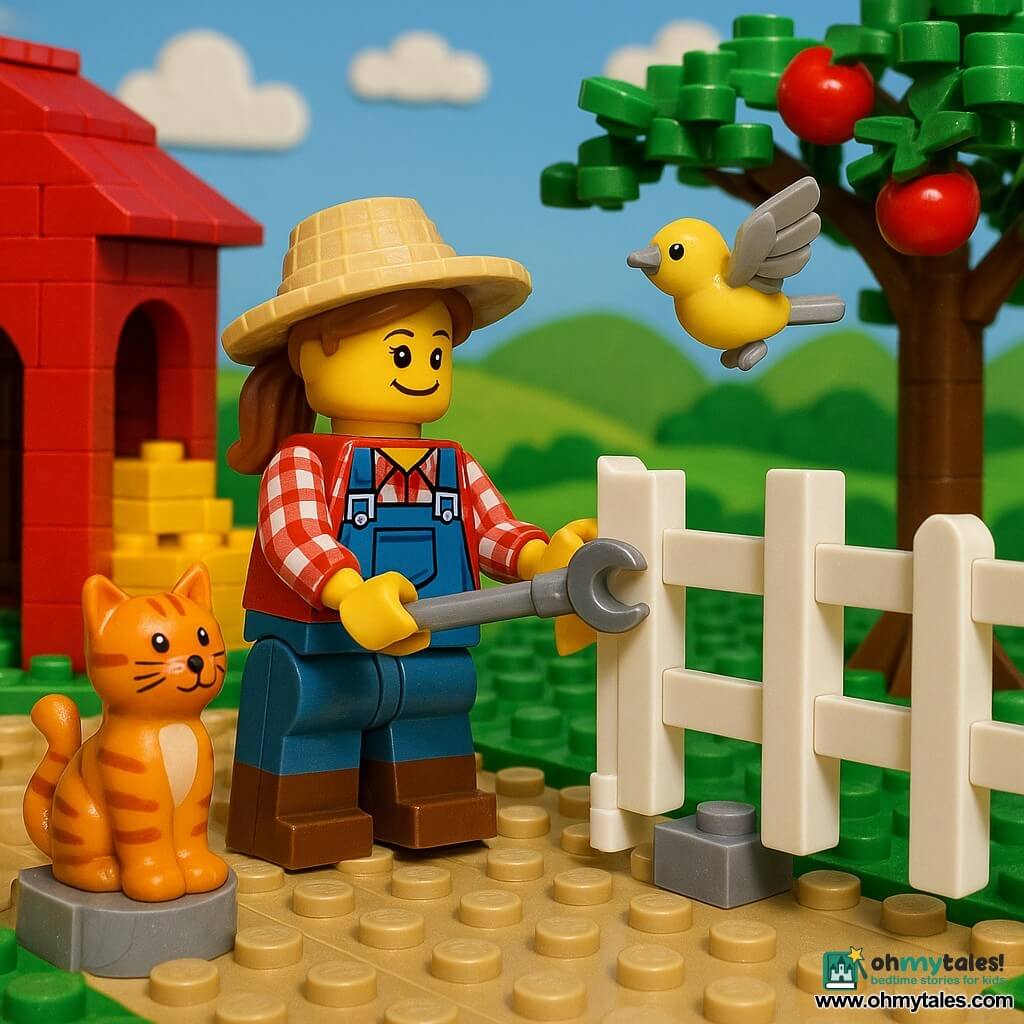 An adult female farmer, smiling and focused, with light brown hair in a ponytail, wearing blue denim overalls, a red-and-white plaid shirt, brown rubber boots and a straw hat, tightens a hinge on a white wooden gate with a wrench while a curious relaxed orange tabby cat named Whiskers sits on a stone nearby and a small yellow-and-gray bird flutters above a blossoming apple tree; the sunny farmyard features a light dirt path, a large red barn with an open door to the left, stacked hay bales, rolling green hills and a blue sky with fluffy clouds, conveying a peaceful, colorful morning as she secures the gate.