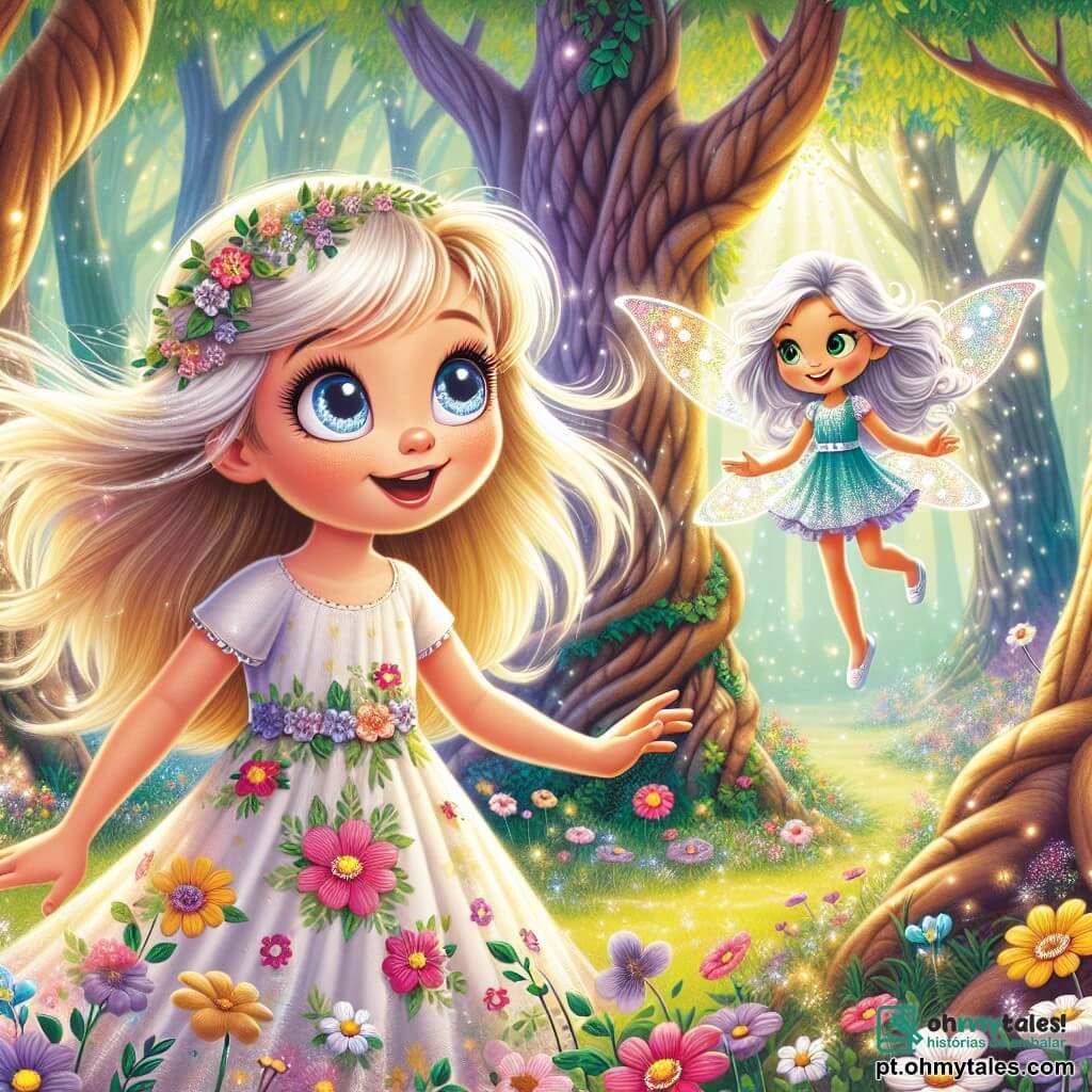 Lila, uma menina de 8 anos com olhos brilhantes como estrelas e cabelos dourados ao vento, está no meio de um bosque encantado, seu rosto radiante de maravilha e curiosidade. Ela veste um vestido leve adornado com flores coloridas e observa fascinada uma pequena fada com asas cintilantes, vestida de azul, que voa ao seu redor sorrindo. A fada, com cerca de 10 anos, tem cabelos prateados e olhos brilhantes, parecendo alegre ao mostrar a Lila o caminho a seguir. O bosque está repleto de grandes árvores com troncos tortuosos, suas folhas brilhando sob a luz do sol, e flores multicoloridas cobrem o chão, criando um tapete mágico. Nessa cena, Lila descobre o mundo das fadas, pronta para viver uma aventura extraordinária, enquanto a fada a convida a explorar este lugar encantador.