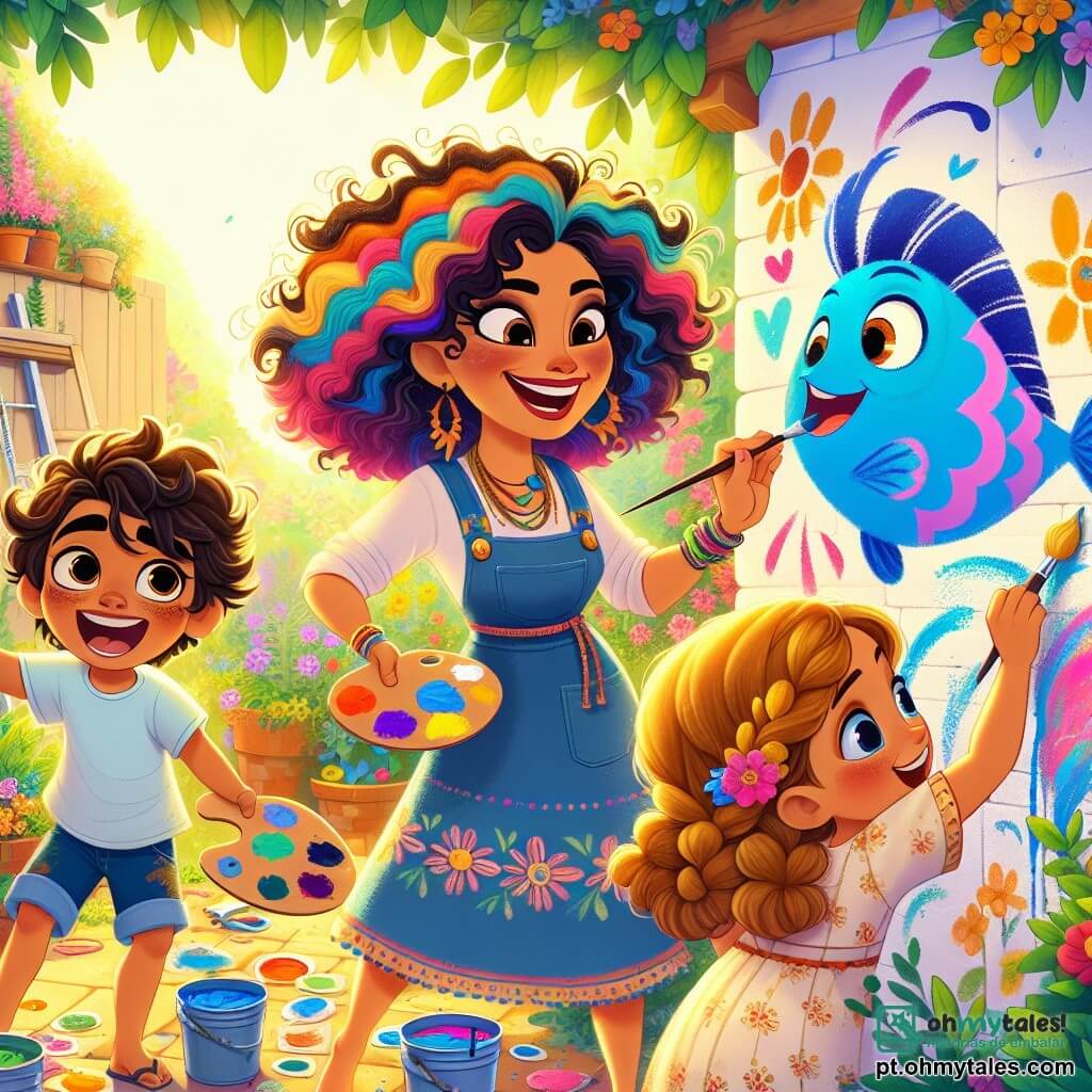 Clara, uma mulher alegre com cabelos cacheados e coloridos, está no centro da imagem, sorridente e cheia de energia, segurando um pincel em uma mão e uma paleta de cores vibrantes na outra. Seu rosto irradia felicidade enquanto ela guia as crianças em sua aventura artística. À sua esquerda, Miguel, um menino de 6 anos com cabelos castanhos bagunçados, pinta um grande peixe azul na parede, seus olhos brilhando de excitação. À sua direita, Ana, uma menina de 7 anos com tranças douradas, aplica delicadamente tinta rosa, concentrada e cheia de entusiasmo. O local é um jardim ensolarado, repleto de flores coloridas e verdejantes, com uma grande parede branca servindo de tela para seu mural. Raios de sol filtram-se pelas folhas das árvores, criando uma atmosfera calorosa e mágica. A cena principal mostra Clara e as crianças pintando juntas, rindo e se divertindo, enquanto o mural ganha vida com cores vivas e desenhos alegres, simbolizando sua criatividade e amizade.