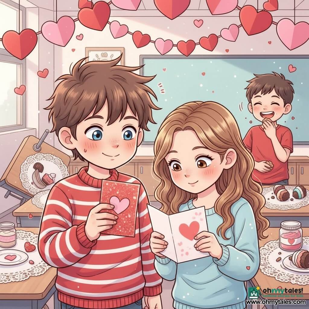 A joyful, slightly embarrassed 10-year-old boy with a flushed face, tousled brown hair, bright blue eyes, and a red-and-white striped sweater offers a red glittery Valentine's card to a roughly 9-year-old girl with long light-brown curls and a surprised sweet smile as glitter falls; he has pink frosting on his fingers. A boyish friend about 10 laughs in the background, wiping cookie crumbs near an overturned table. The classroom is decorated for Valentine's with red and pink heart garlands, patterned doilies, a table of cupcakes and spilled frosting jars, soft warm light. Main scene: a touching, slightly comic moment at a school party with flying glitter, frosting splashes, and children's laughter. Childlike manga style, bright colors, rounded lines, exaggerated expressions, composition centered on the two children with an animated but readable background.