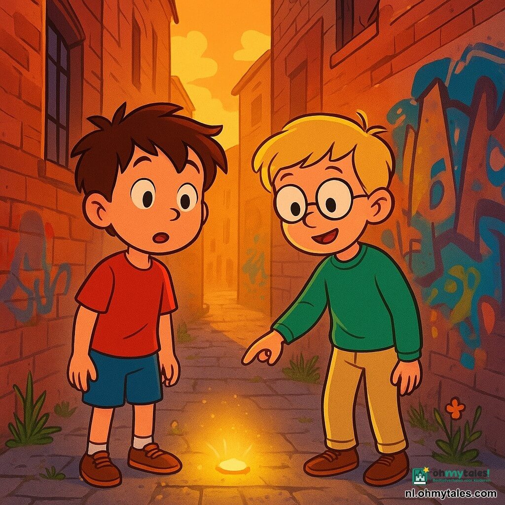 Er zijn 2 hoofdpersonen: - Max: een 8-jarig jongen met rommelig bruin haar, gekleed in een rode t-shirt en een blauwe short. Hij kijkt verwonderd naar de scène voor hem, staande aan de linkerkant van de afbeelding. - Daan: een 8-jarig jongen met blond haar en ronde bril, gekleed in een groene trui en beige broek. Hij staat naast Max en wijst naar een glanzend voorwerp op de grond. De situatie speelt zich af in een smalle steeg in de stad, omringd door oude rode bakstenen gebouwen met kleurrijke graffiti op de muren. Wilde bloemen groeien tussen de stenen, en een gouden licht van de ondergang verlicht de scène, wat een magische sfeer creëert. De hoofdactie toont Max en Daan die een klein glanzend voorwerp op de grond ontdekken, dat een zachte en mysterieuze gloed uitstraalt. Ze zijn gefascineerd door dit object, terwijl een magische gloed begint uit te stralen van een nabijgelegen muur, wat suggereert dat er een ongelooflijk avontuur op hen wacht.