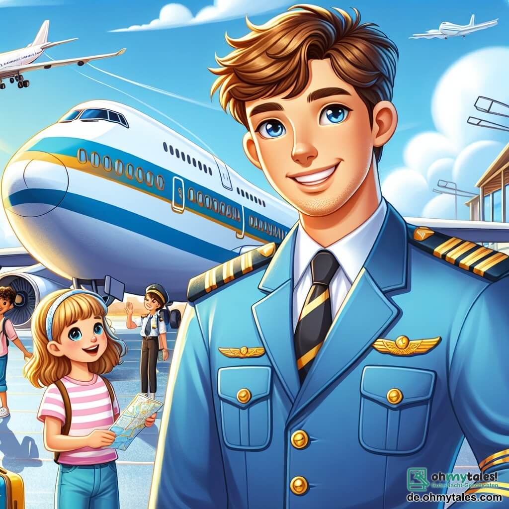 Ein lächelnder und enthusiastischer Mann, Kapitän Max, trägt eine blaue Pilotenuniform mit goldenen Schulterklappen. Er hat leicht gewellte braune Haare und strahlende Augen. Er steht vor einem großen Flugzeug, einer Boeing 747, mit offenen Armen, bereit, die Passagiere willkommen zu heißen. Neben ihm steht Lisa, eine 30-jährige Frau mit zu einem Dutt gebundenen blonden Haaren, die ebenfalls eine Pilotenuniform trägt. Sie lächelt und schaut auf ein Flugblatt, während sie Max bewundernd beobachtet. Die Szenerie spielt auf dem sonnigen Rollfeld eines Flughafens, mit Flugzeugen im Hintergrund und weißen Wolken am strahlend blauen Himmel. Ungeduldige Passagiere gehen auf das Flugzeug zu, während Gepäck auf einen Wagen geladen wird. Die Hauptsituation zeigt Max und Lisa, die sich auf einen Flug vorbereiten, umgeben von einer Atmosphäre der Aufregung und des Abenteuers, während neugierige Kinder sie mit staunenden Augen beobachten und davon träumen, eines Tages selbst zu fliegen.