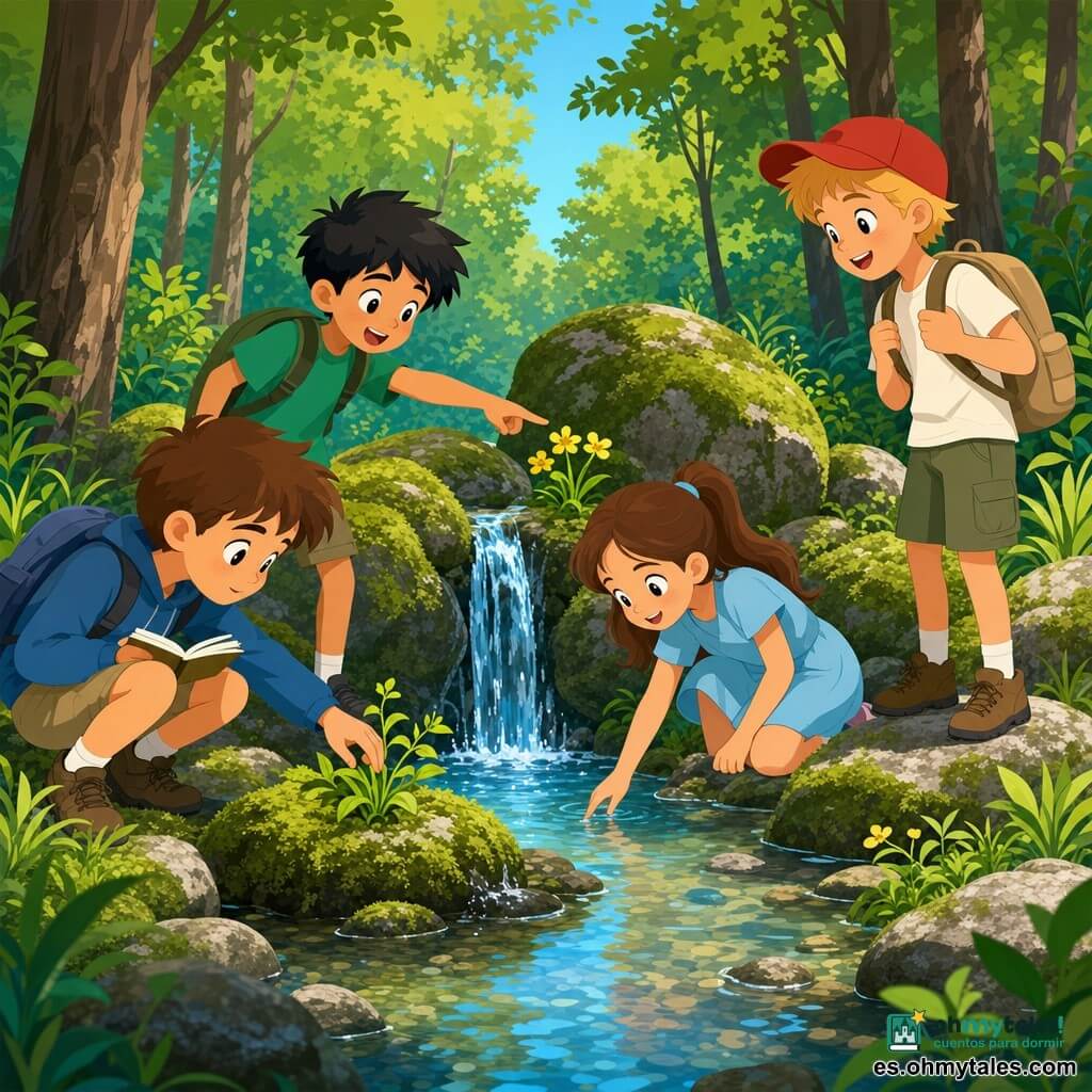 Hay cuatro personajes: Jaime (niño de 9 años) de pelo castaño corto, agachado a la izquierda junto a la fuente con un cuaderno abierto, tocando con curiosidad una planta; Pablo (niño de 9 años) de pelo negro alborotado, con camiseta verde, de pie detrás de Jaime señalando una flor amarilla; Lucía (niña de 8 años) de pelo castaño largo recogido en coleta, con vestido azul claro, arrodillada en el centro tocando el agua; Mateo (niño de 10 años) de pelo rubio, con gorra roja y mochila caqui, sobre una piedra a la derecha sonriendo y observando la cascada. Lugar: una pequeña claro soleada en un parque natural, con hierba verde, musgo en las piedras, un arroyo de agua clara y una mini‑cascade, arbustos y árboles altos al fondo. Situación: los cuatro niños descubren la fuente del arroyo y una planta especial junto a la cascada; escena calmada y luminosa con agua que refleja el cielo, pétalos amarillos y hojas brillantes, expresiones de asombro; estilo flat design infantil, colores suaves, contrastes nítidos y contornos limpios.